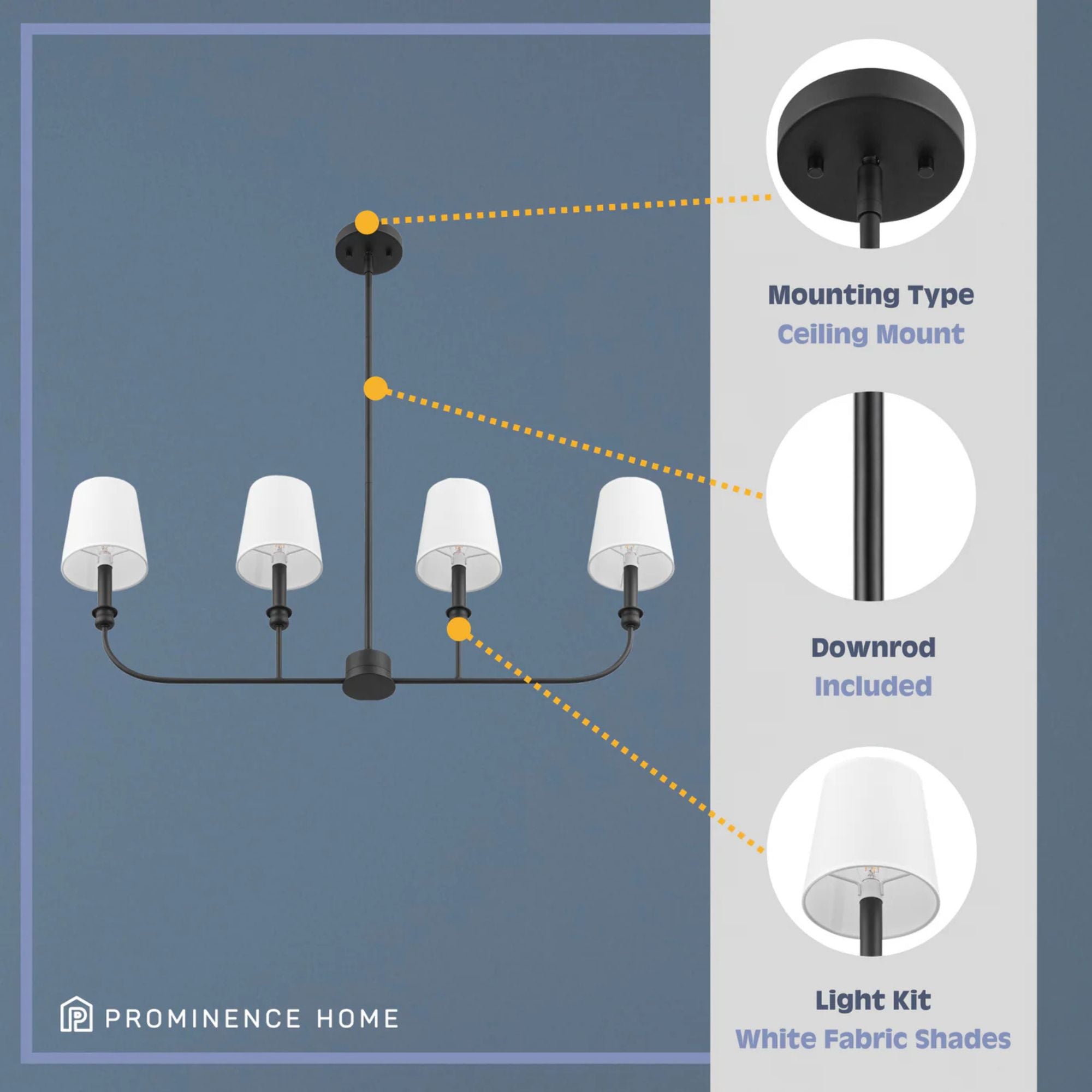 Prominence Home Billet 4-Light Linear Chandelier with Fabric Shades, Matte Black (Open Box)