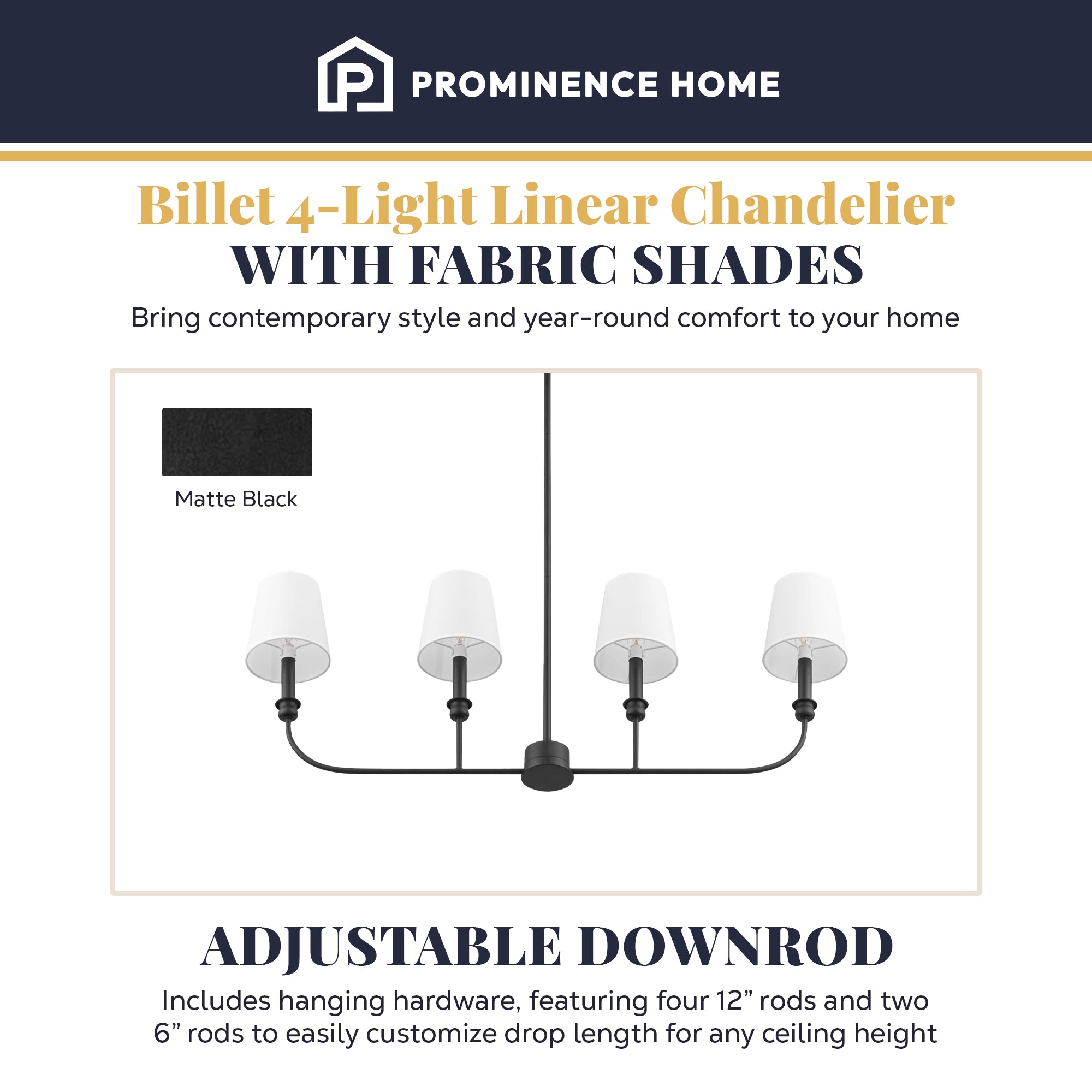 Prominence Home Billet 4-Light Linear Chandelier with Fabric Shades, Matte Black (Open Box)