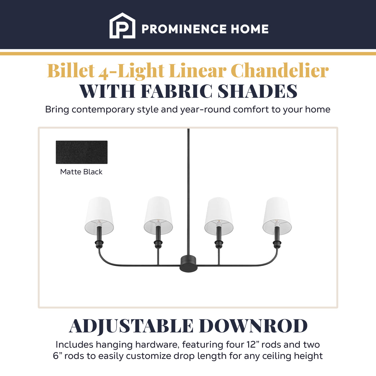 Prominence Home Billet 4-Light Linear Chandelier Fabric Shades Black (Open Box)