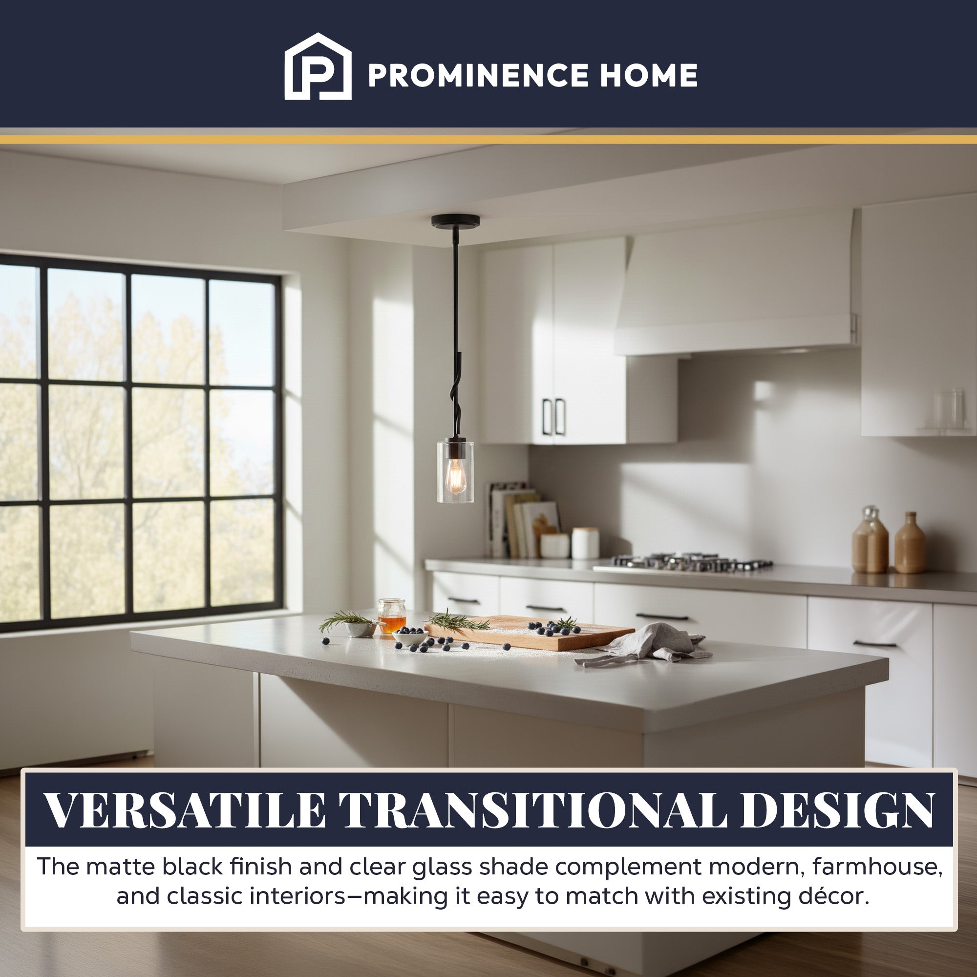 Prominence Home Lantier 1-Light Mini Pendant with Clear Glass, Matte Black - VMInnovations