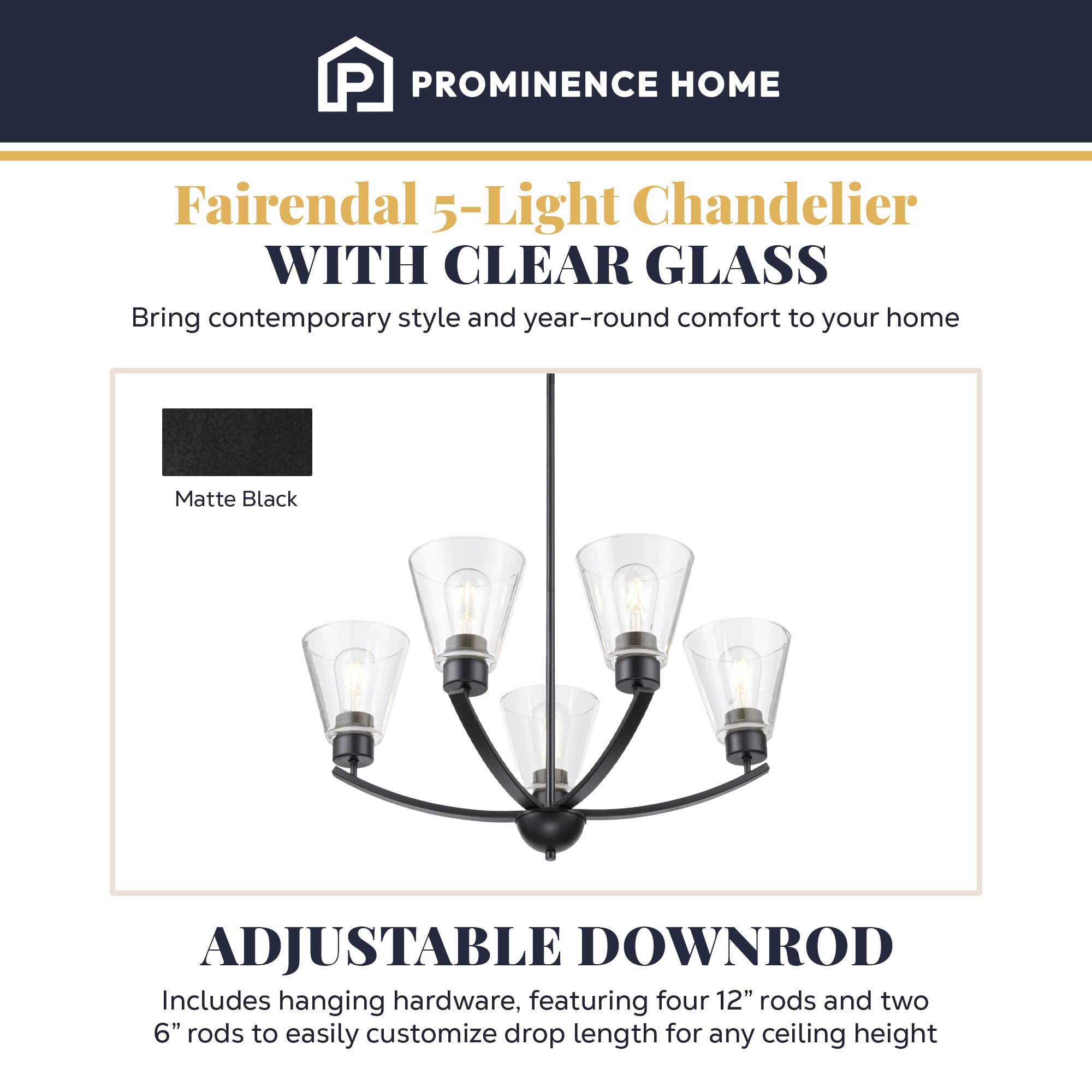Prominence Home Fairendale 5-Light Chandelier with Clear Glass, Matte Black - VMInnovations