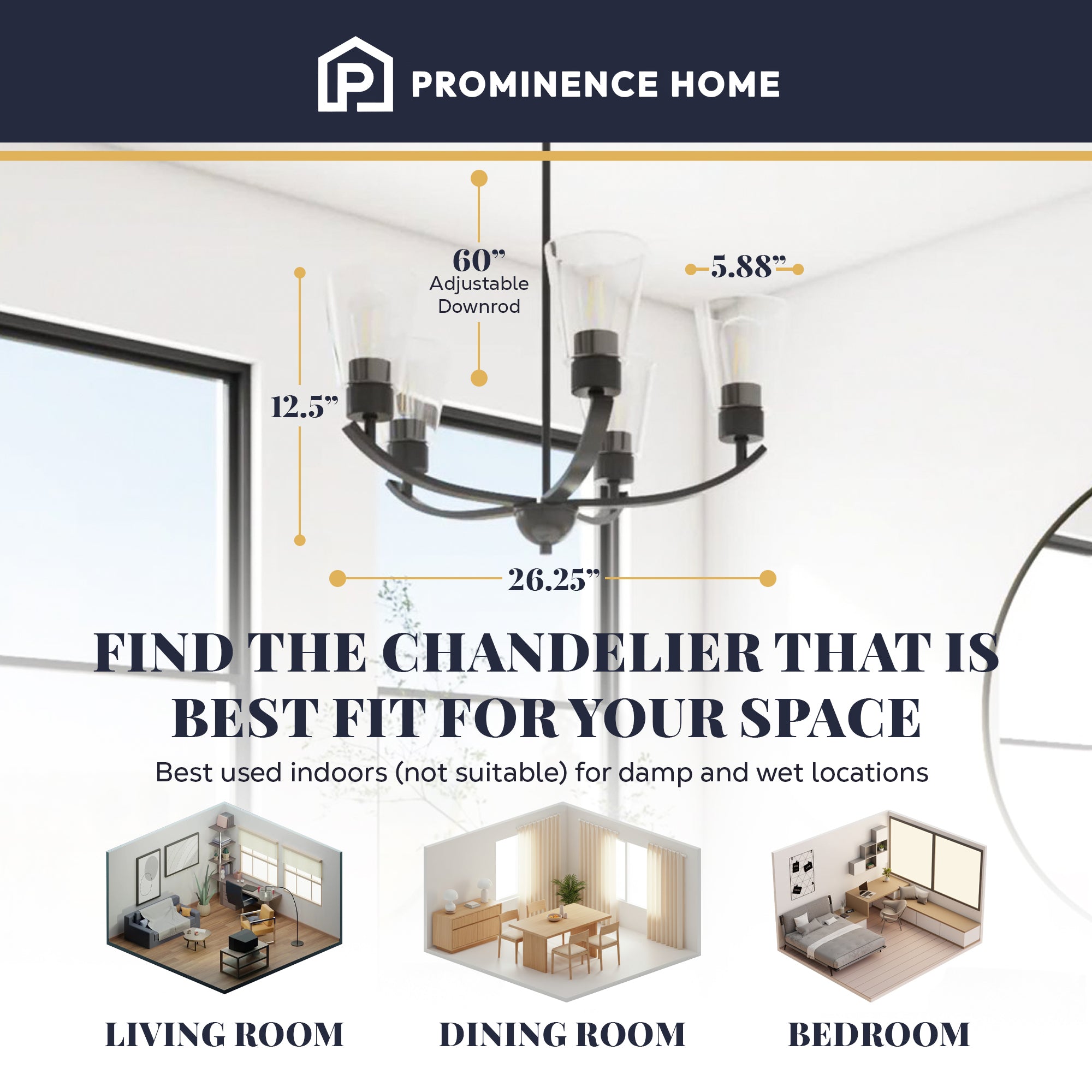 Prominence Home Fairendale 5-Light Chandelier with Clear Glass, Matte Black - VMInnovations