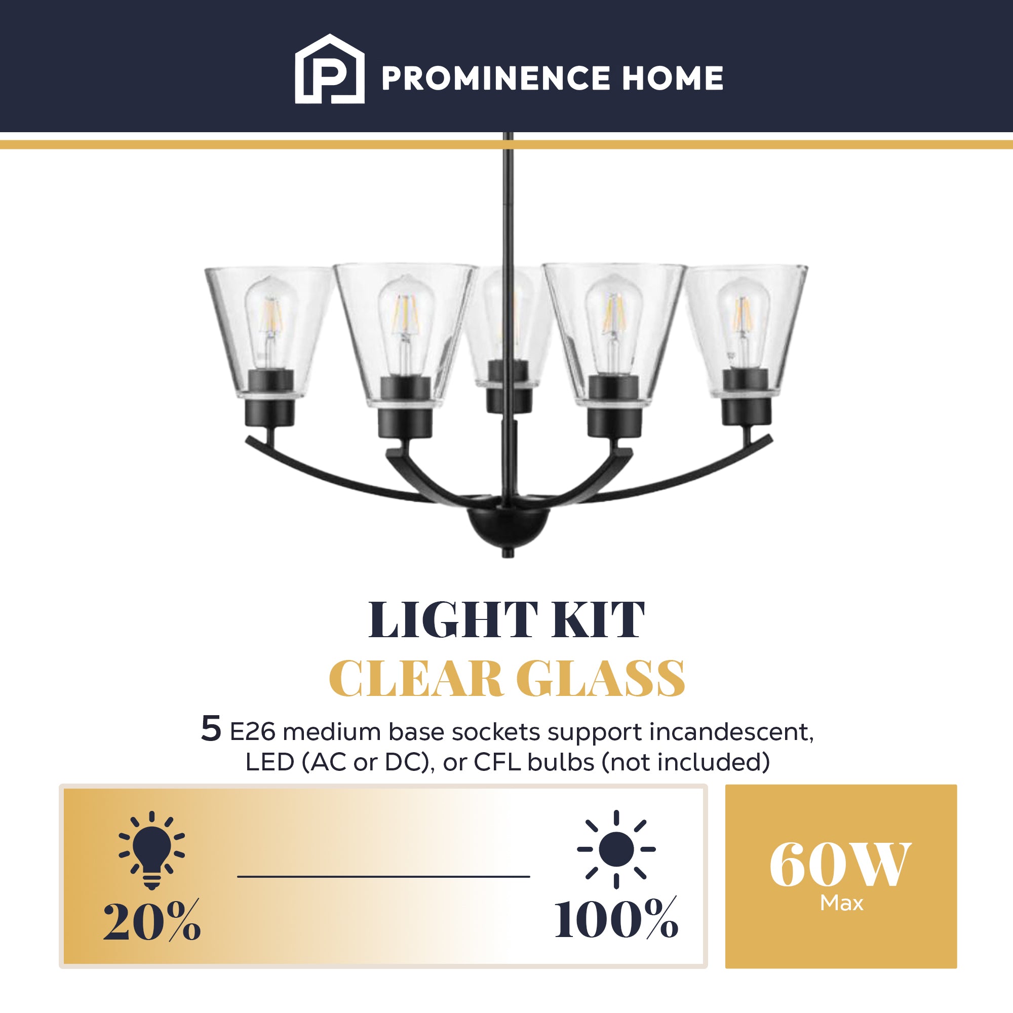 Prominence Home Fairendale 5-Light Chandelier with Clear Glass, Matte Black - VMInnovations