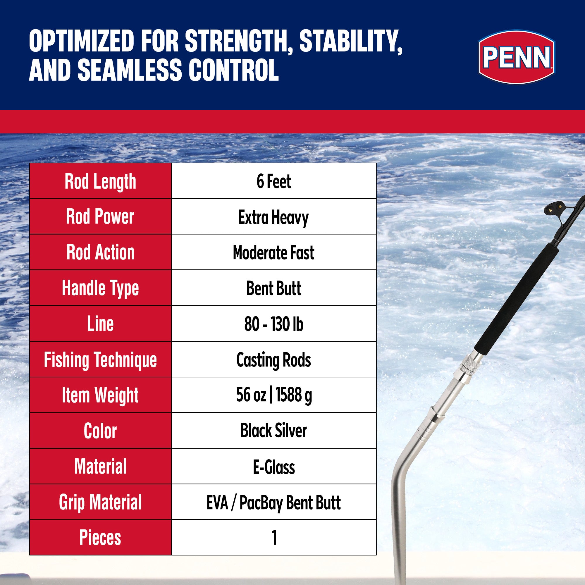 Penn Ally II Straight Butt Conventional Boat Rod, 6 Feet, Loads Up To 130 Pounds - VMInnovations