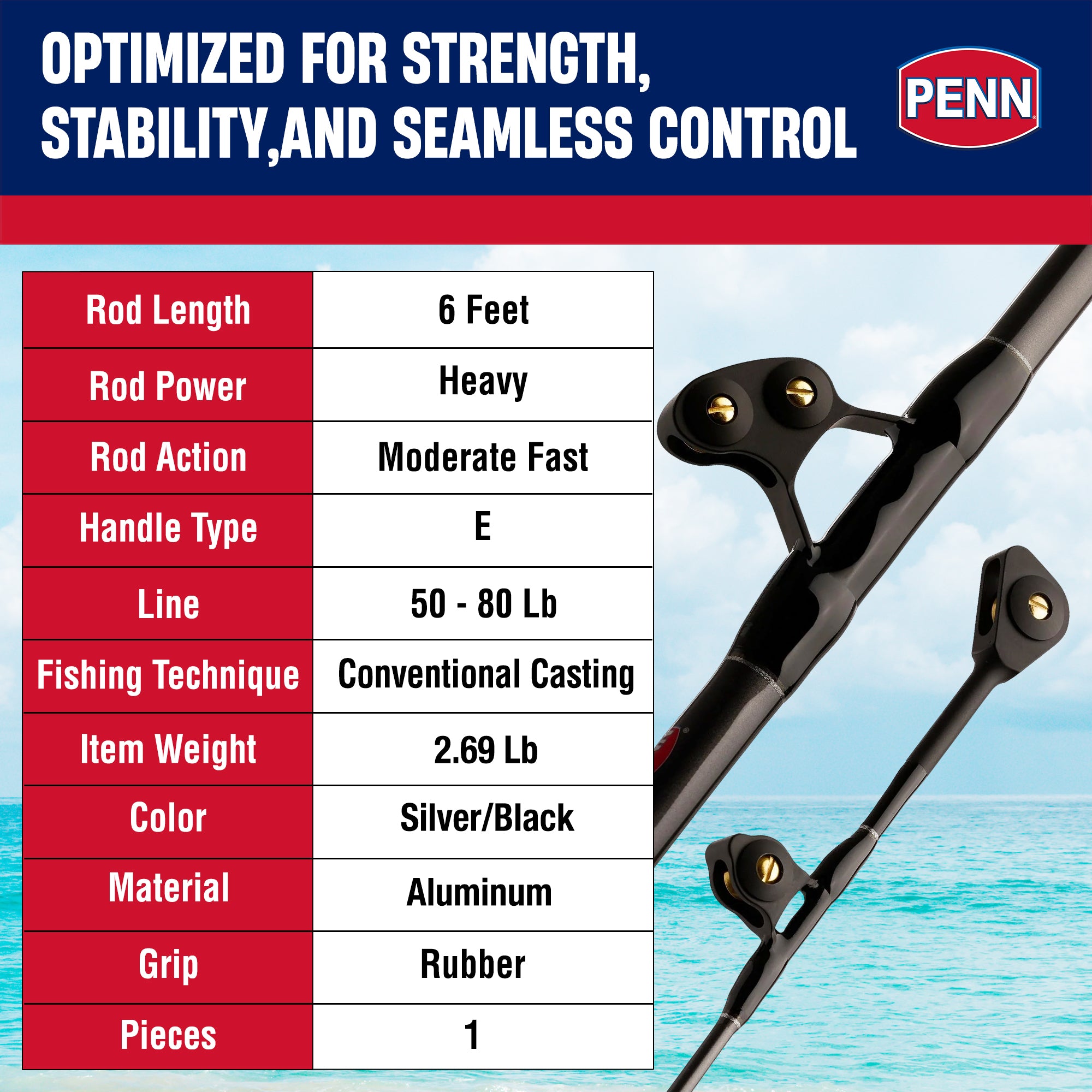 Penn Ally II Straight Butt Conventional Boat Rod, 6ft, Loads To 80lbs (Open Box)