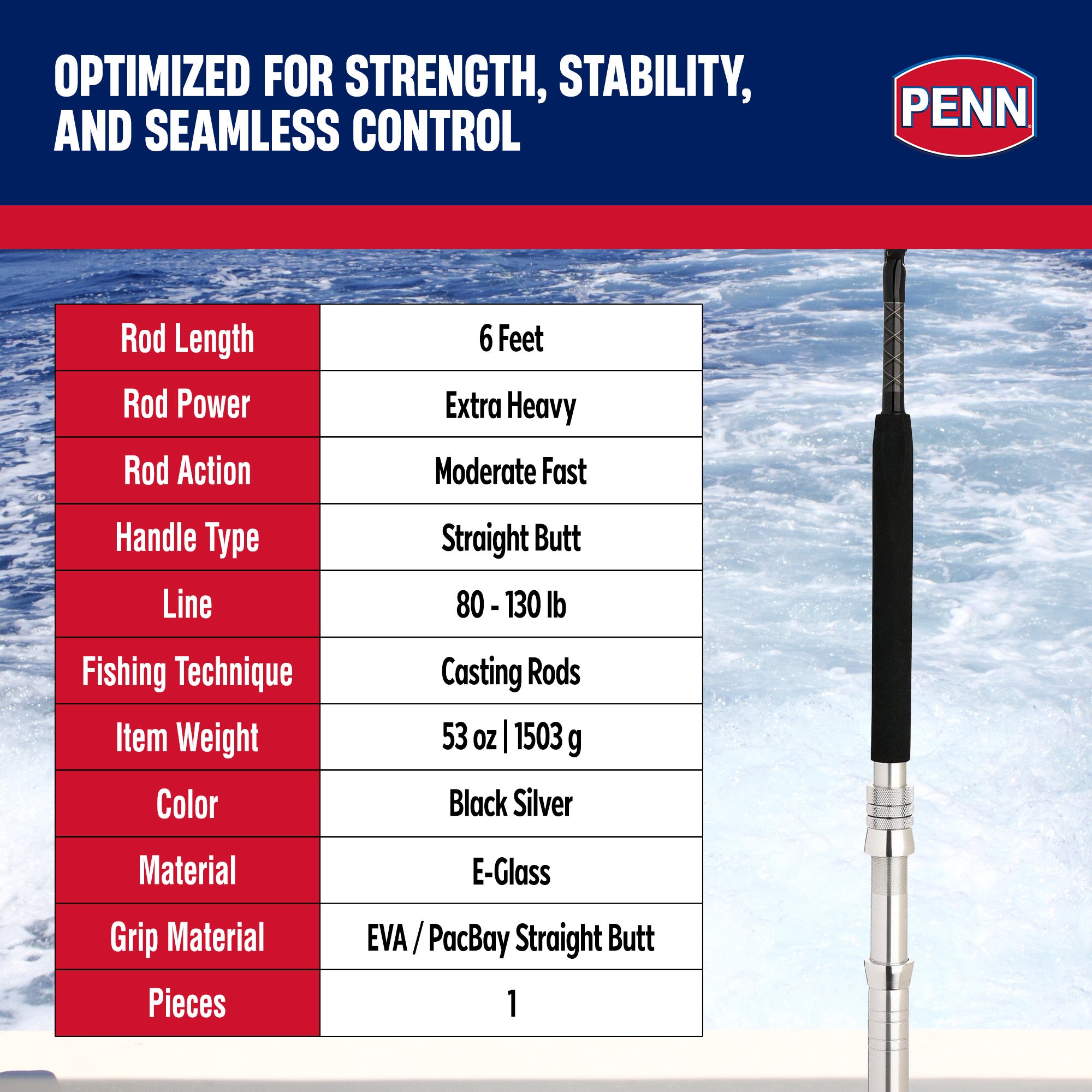 Penn Ally II Straight Butt Conventional Boat Rod, 6ft, Loads 130lbs (Open Box) - VMInnovations