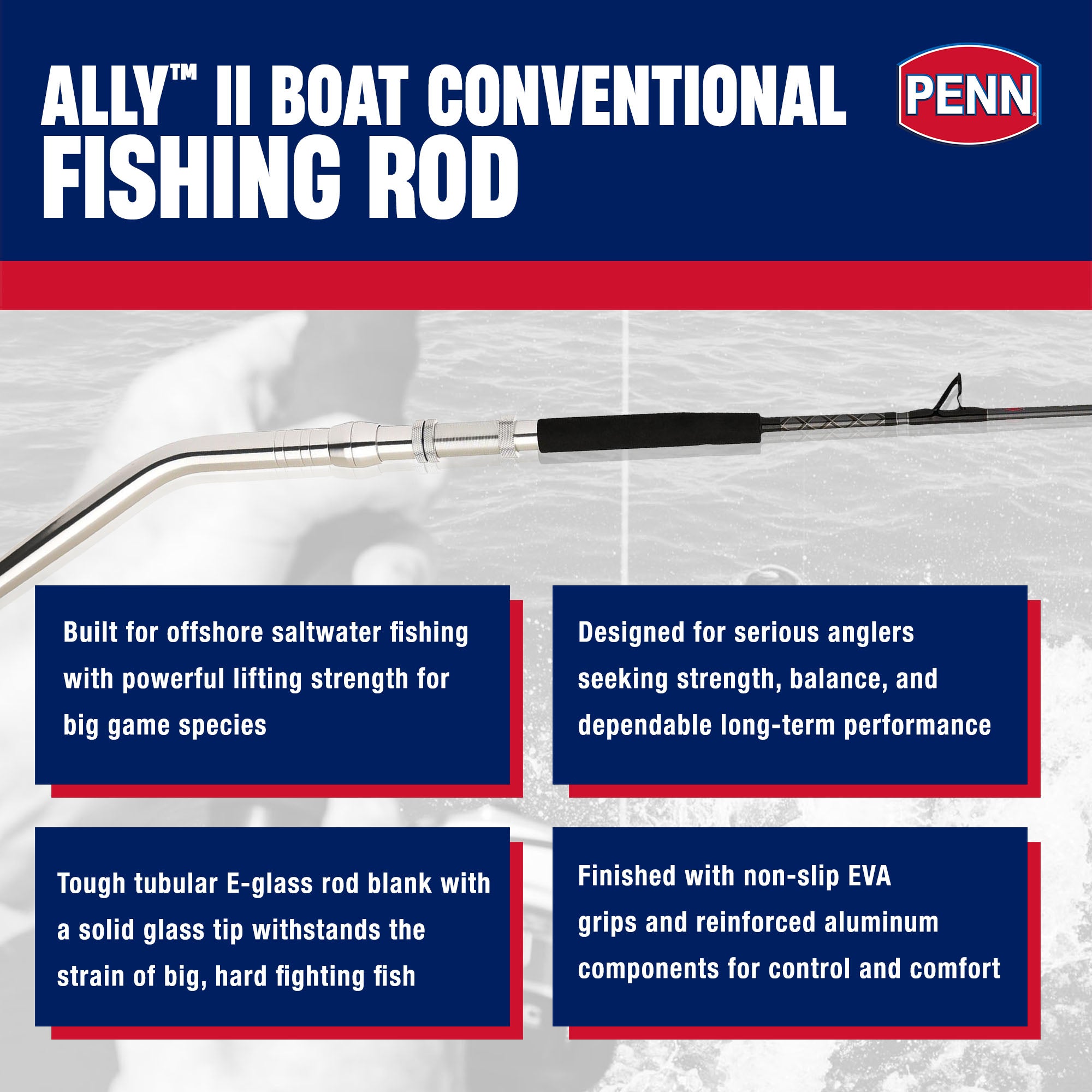 Penn Ally II Straight Butt Conventional Boat Rod, 6 Feet, Loads Up To 250 Pounds - VMInnovations