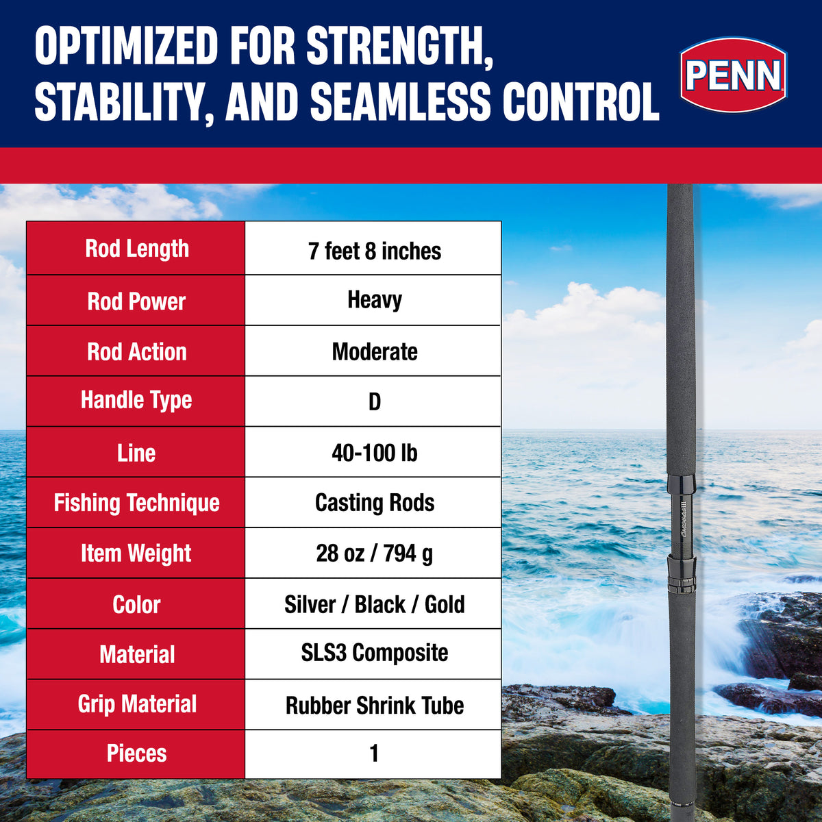 PENN Carnage III West Coast Boat Conventional Rod, 7'8" Fishing Pole (Open Box) - VMInnovations
