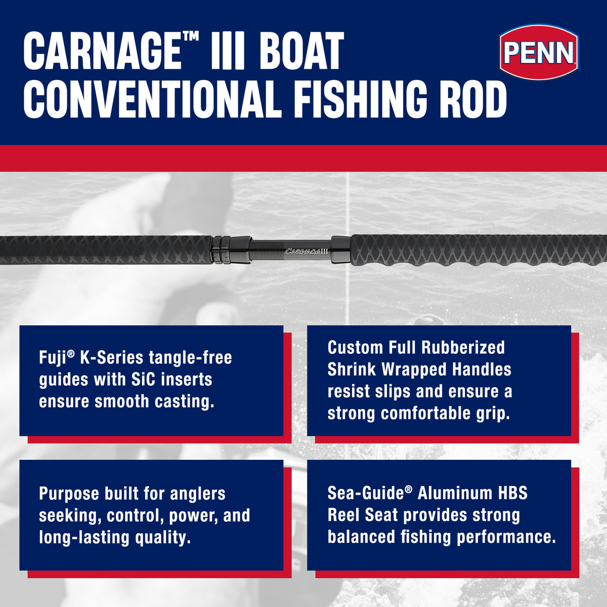 PENN Carnage III Conventional Boat Rod, 7' Fishing Pole, Medium Light Power - VMInnovations