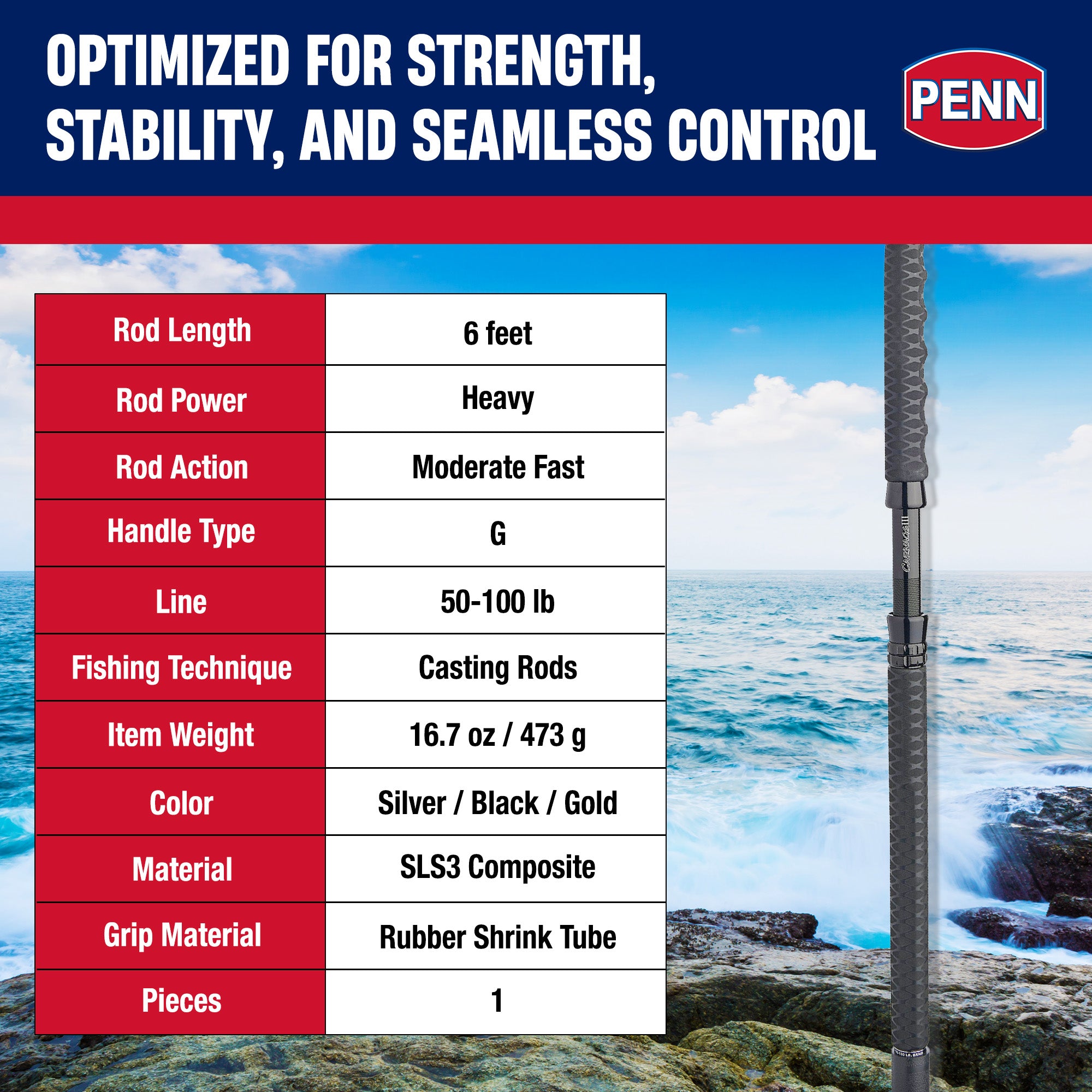 PENN Carnage III Conventional Boat Fishing Rod, 6' Fishing Pole, Heavy(Open Box)