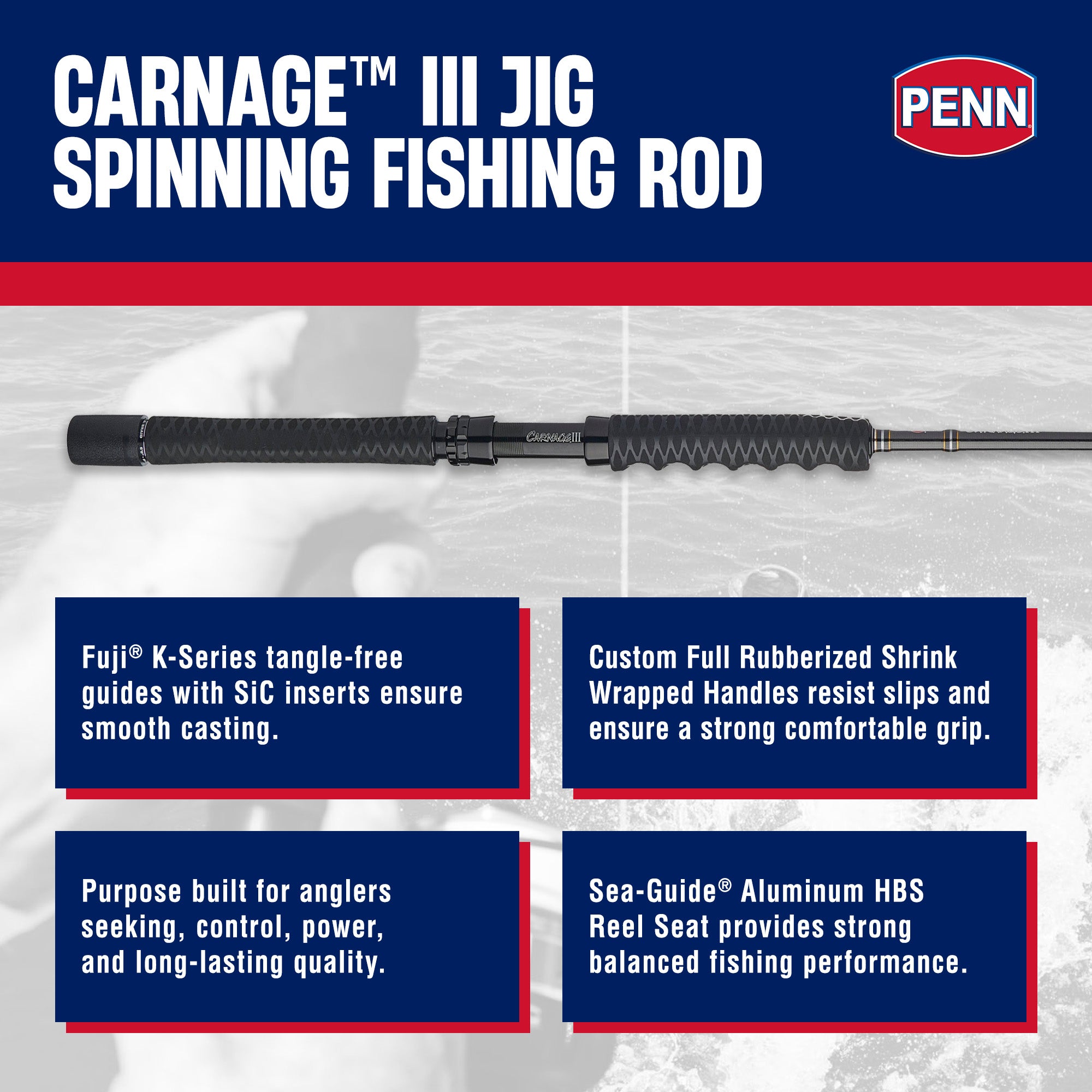 PENN Carnage III Spinning Jigging Rod, 6'4" Fishing Pole, Medium Heavy Power - VMInnovations
