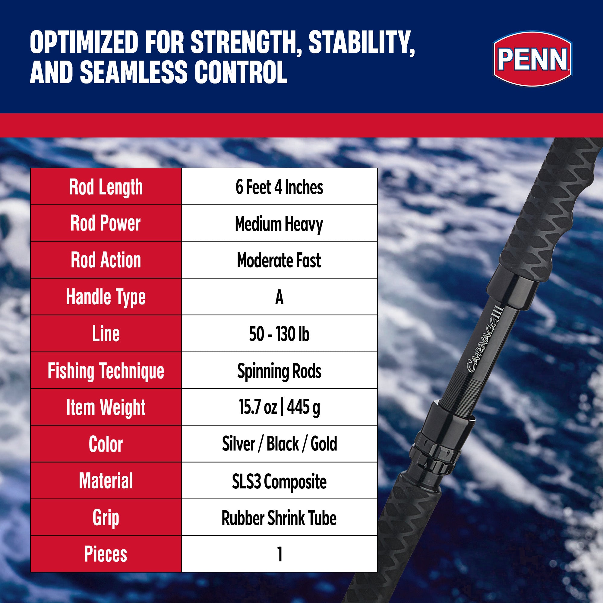 PENN Carnage III Spinning Jigging Rod, 6'4" Fishing Pole, Medium Heavy Power - VMInnovations