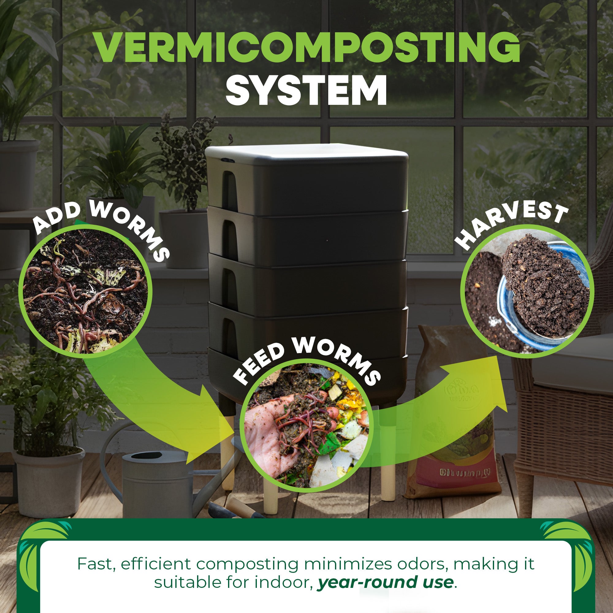 FCMP Essential Living Worm Composter Bin, 4-Tray Indoor System, Black (Open Box) - VMInnovations