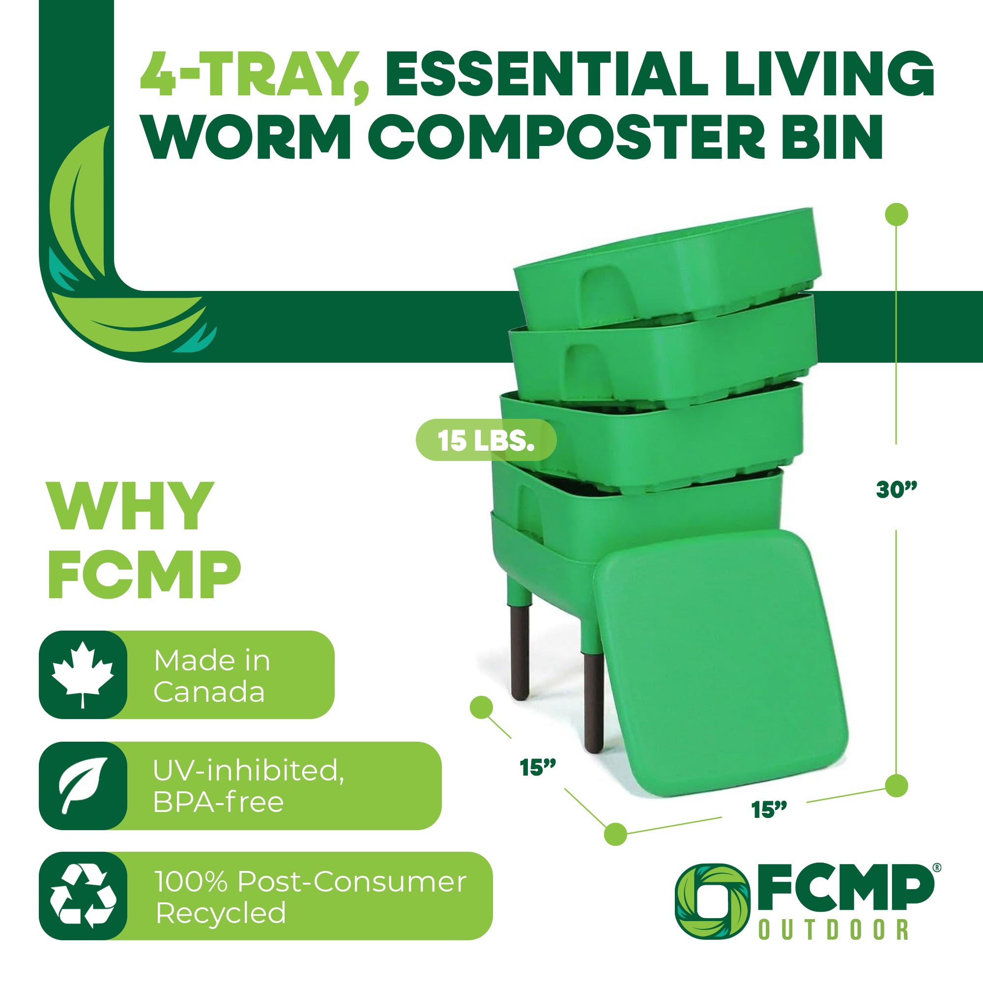 FCMP Outdoor Essential Living Worm Composter Bin, 4-Tray Indoor System, Green - VMInnovations