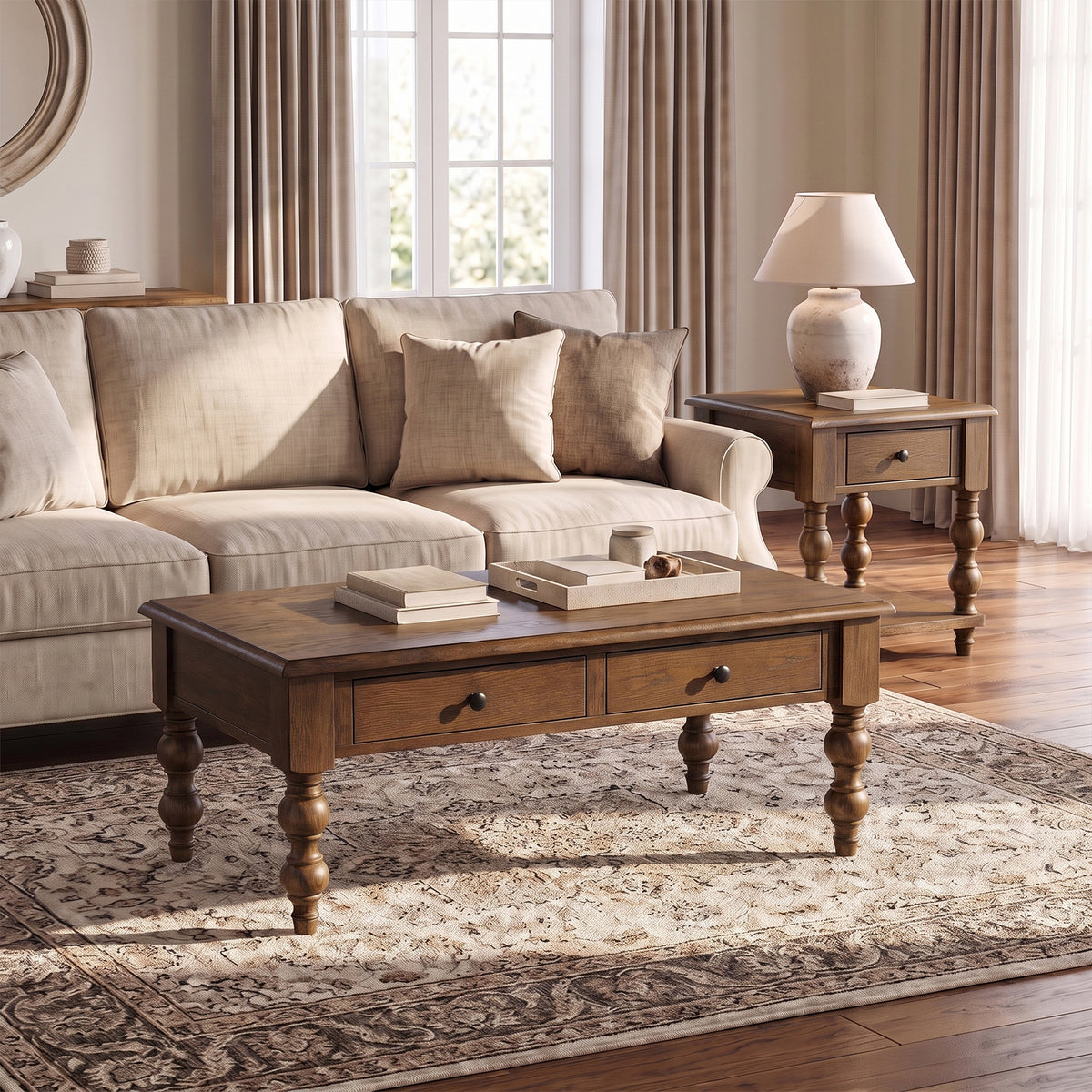 ROME + OAK Stratford Rectangular Wood Coffee Table with Drawers, Walnut