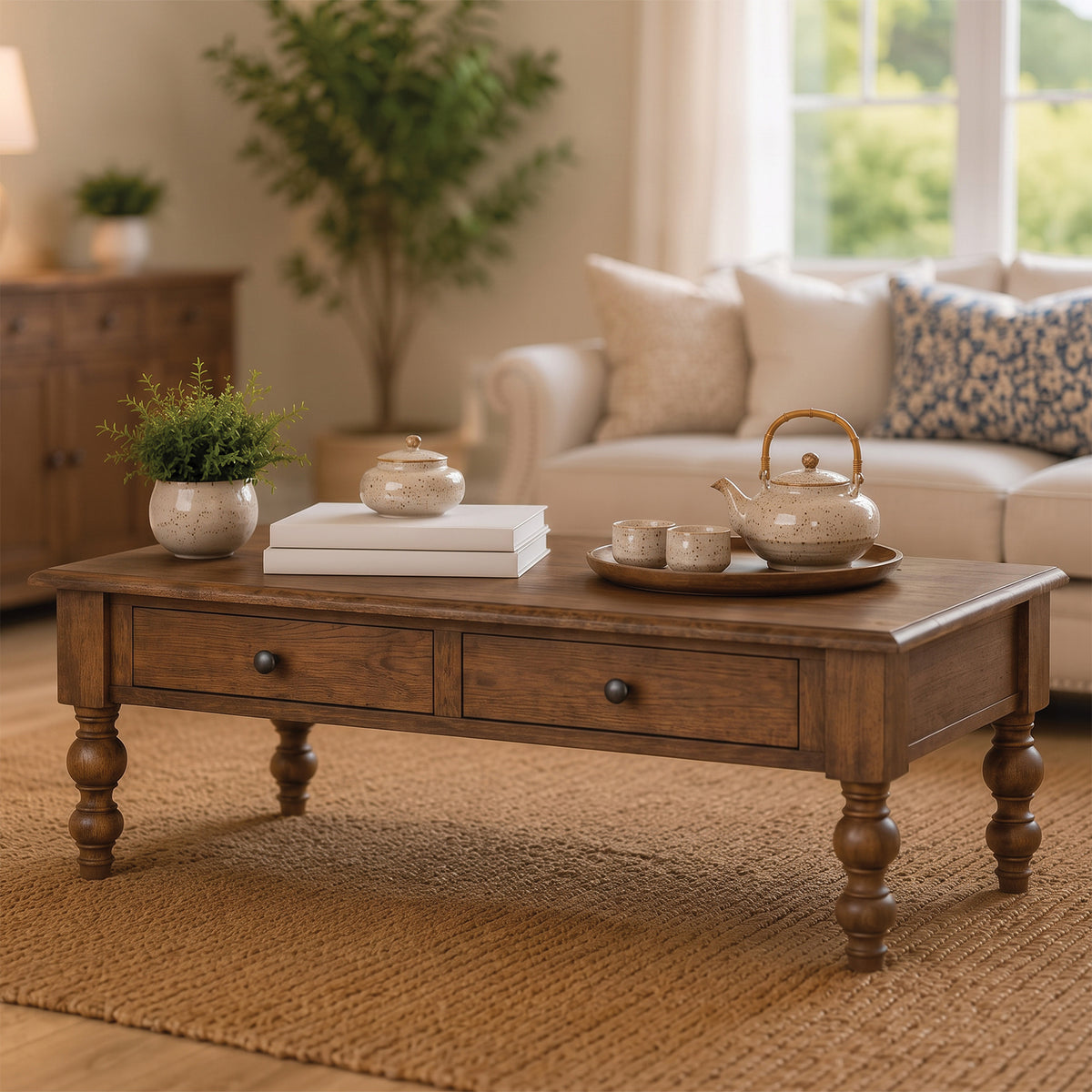 ROME + OAK Stratford Rectangular Wood Coffee Table with Drawers, Walnut