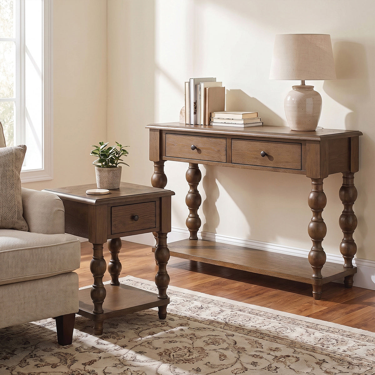 ROME + OAK Stratford Curved Leg End Table with Drawer and Shelf, Dark Brown Oak