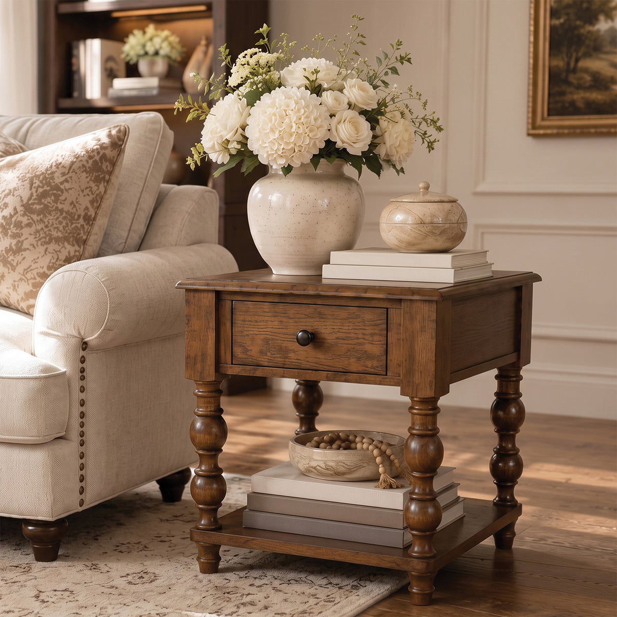 ROME + OAK Stratford Curved Leg End Table with Drawer and Shelf, Dark Brown Oak