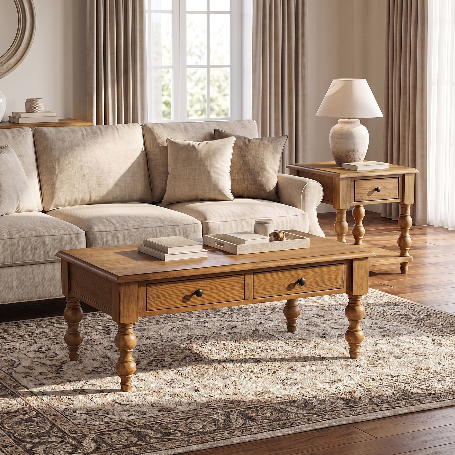 ROME + OAK Stratford Rectangular Wood Cocktail Table w/ Drawers, Natural Oak