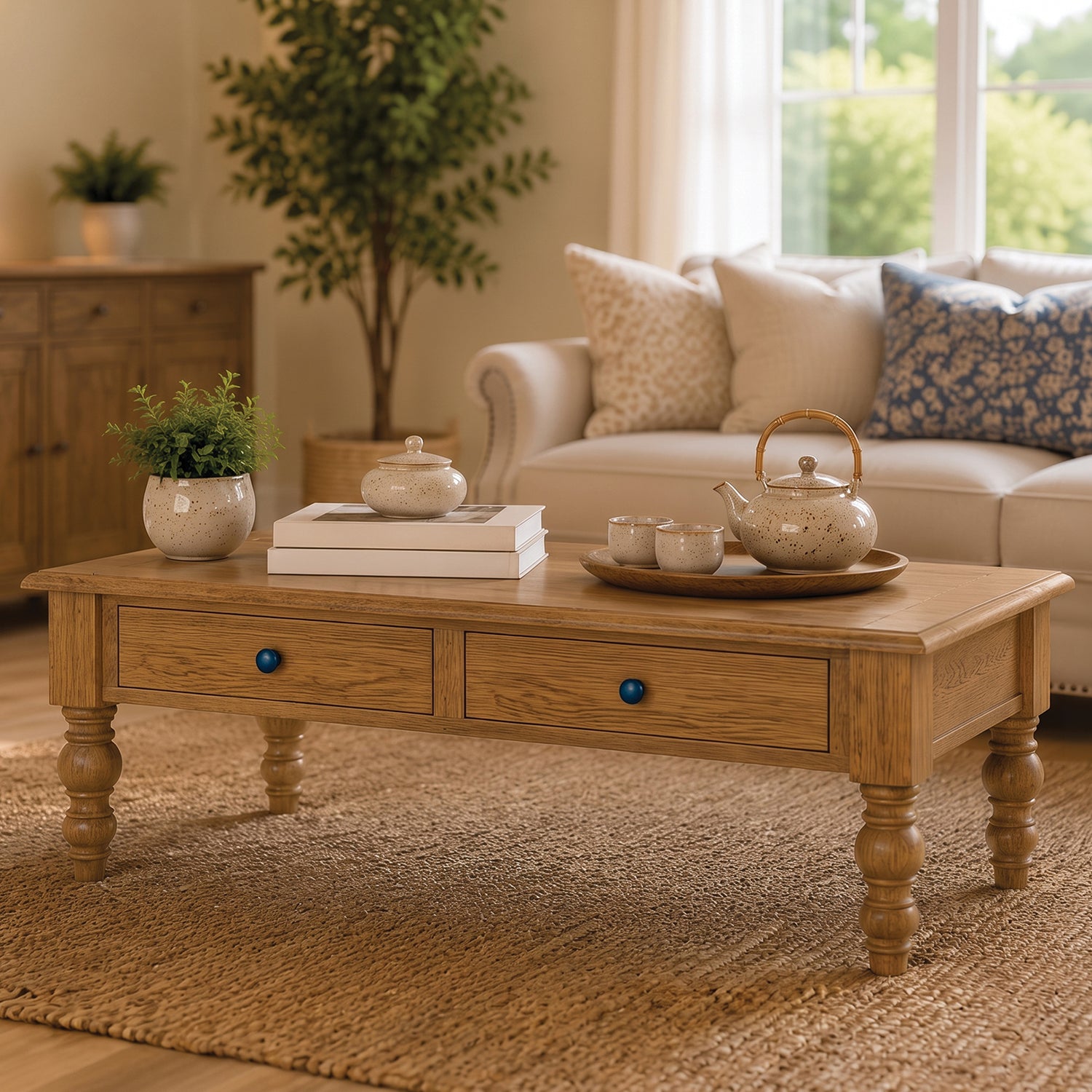 ROME + OAK Stratford Rectangular Wood Cocktail Table w/ Drawers, Natural Oak
