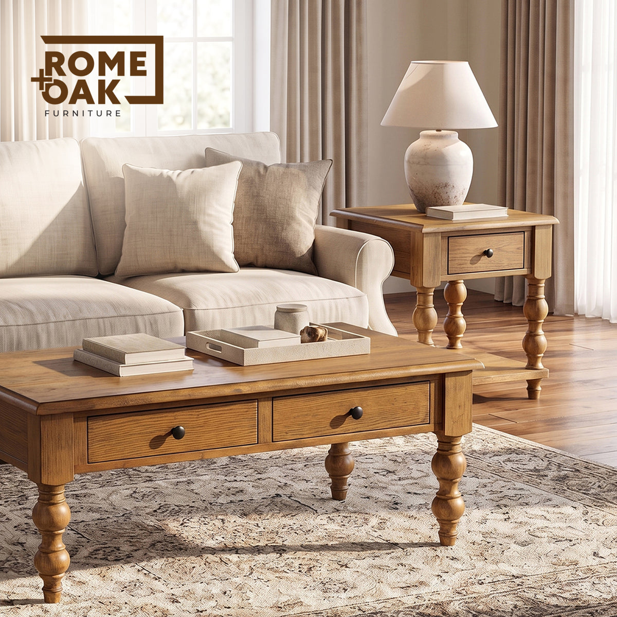 ROME + OAK Stratford Square Wood Coffee Table with Drawers, Natural Oak