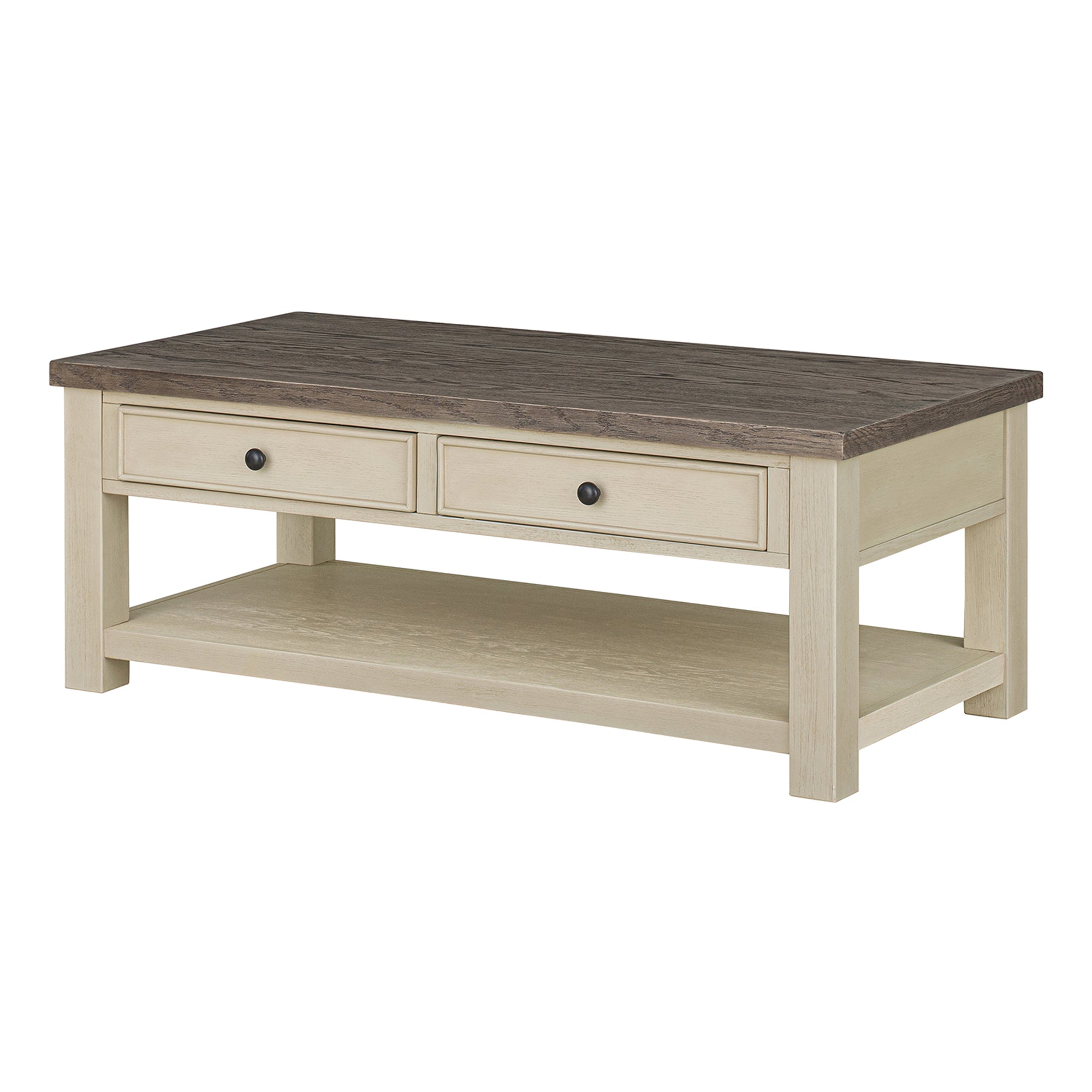 ROME + OAK Tate Farmhouse Wood Cocktail Table with Shelf, Weather Brown & Cream - VMInnovations
