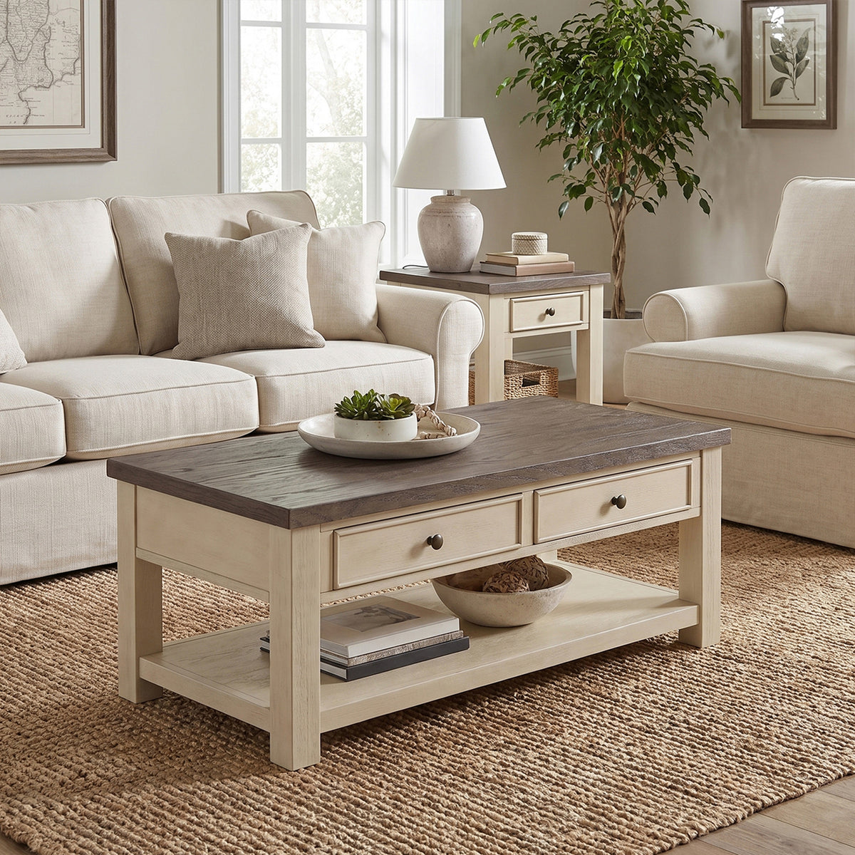 ROME + OAK Tate Farmhouse Wood Cocktail Table with Shelf, Weather Brown & Cream - VMInnovations