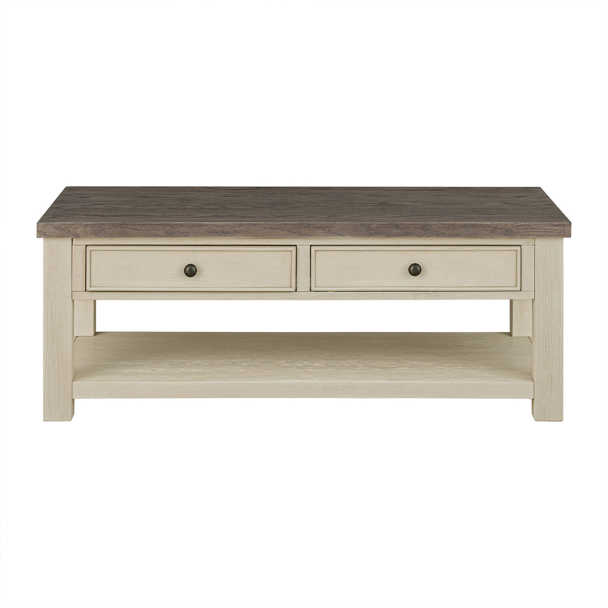 ROME + OAK Tate Farmhouse Wood Cocktail Table with Shelf, Weather Brown & Cream - VMInnovations