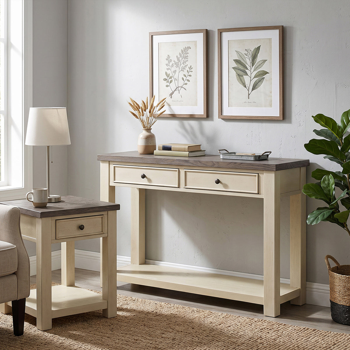 ROME + OAK Tate Farmhouse Wood End Table with Drawer, Weathered Brown and Cream - VMInnovations
