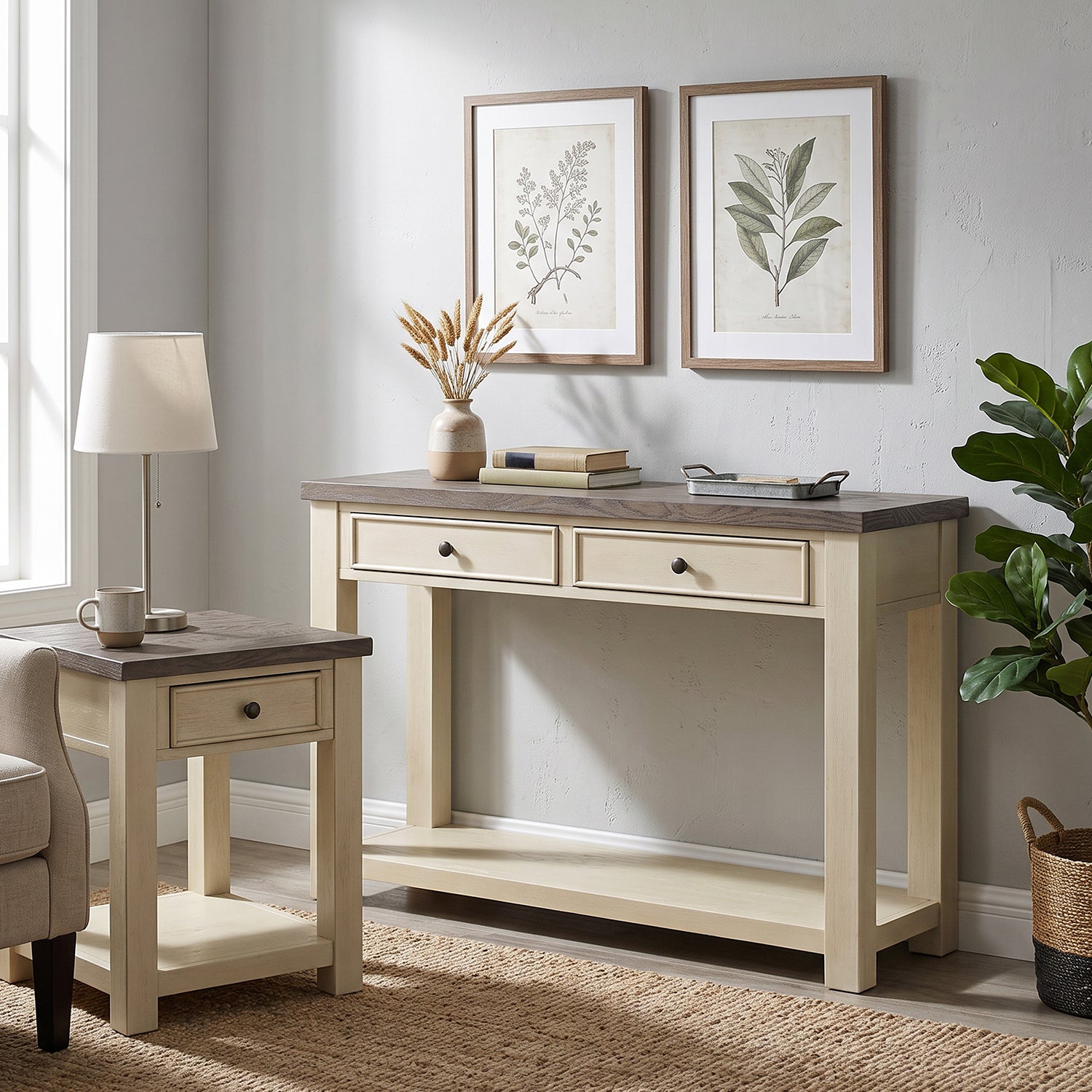 ROME + OAK Tate Farmhouse Wooden Console Table, Accent Furniture, Brown & Cream
