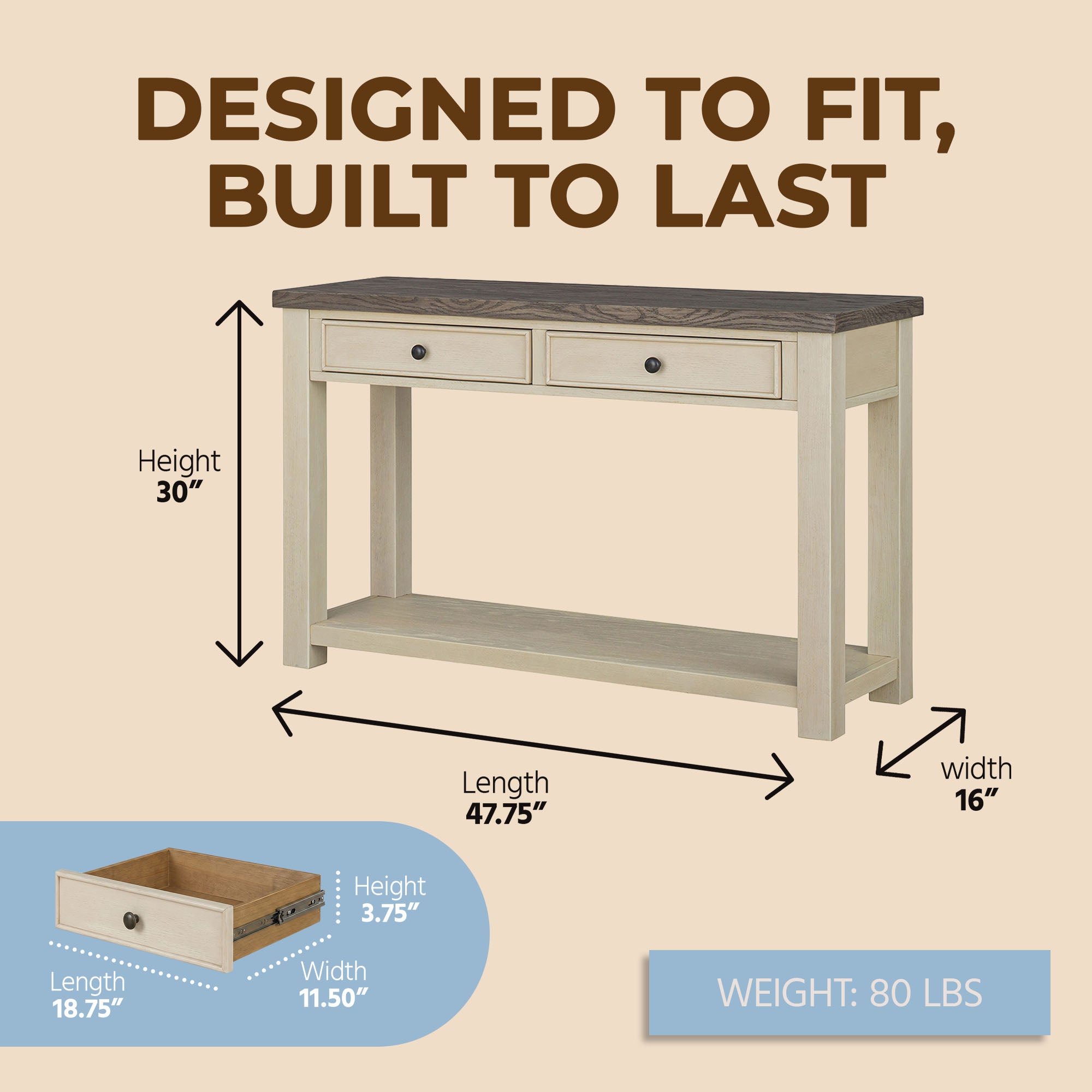 ROME + OAK Tate Farmhouse Wooden Console Table, Accent Furniture, Brown & Cream