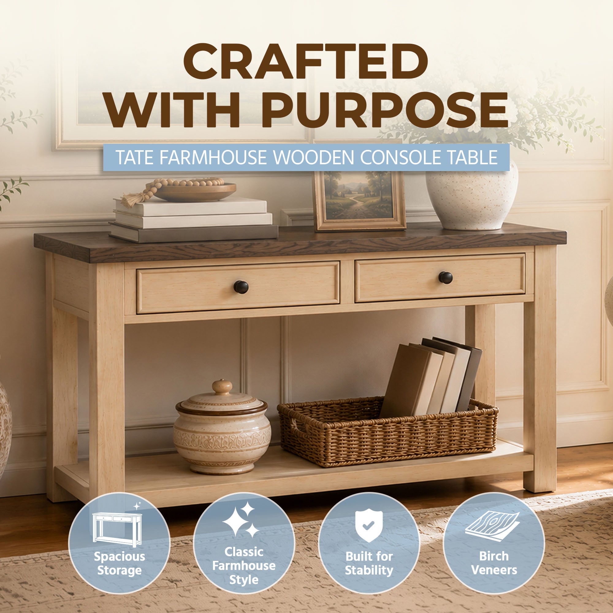 ROME + OAK Tate Farmhouse Wooden Console Table, Accent Furniture, Brown & Cream