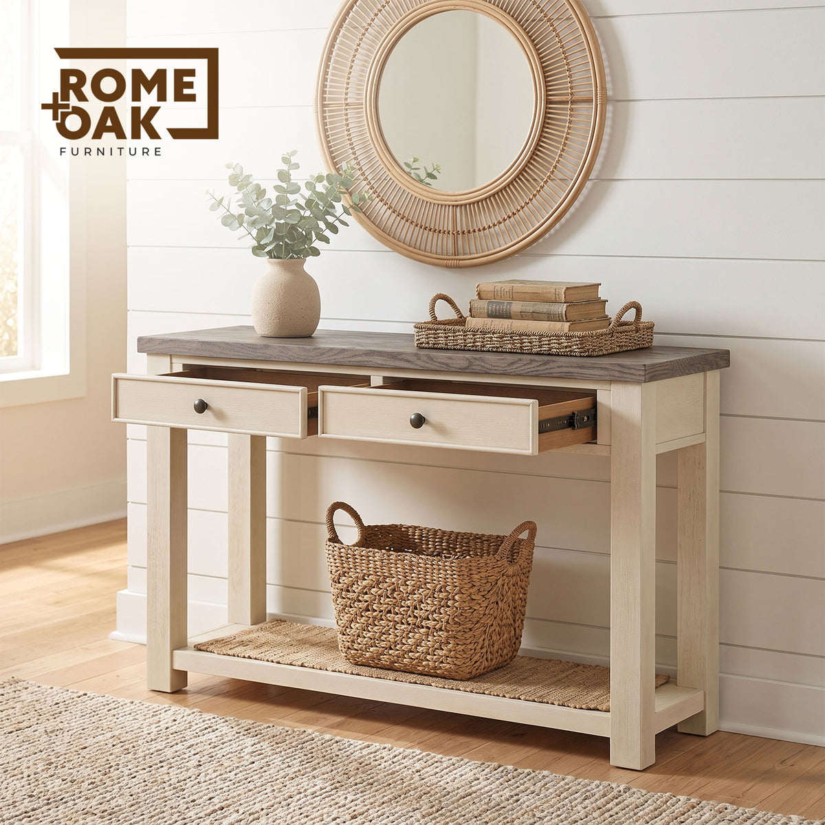 ROME + OAK Tate Farmhouse Wooden Console Table, Accent Furniture, Brown & Cream