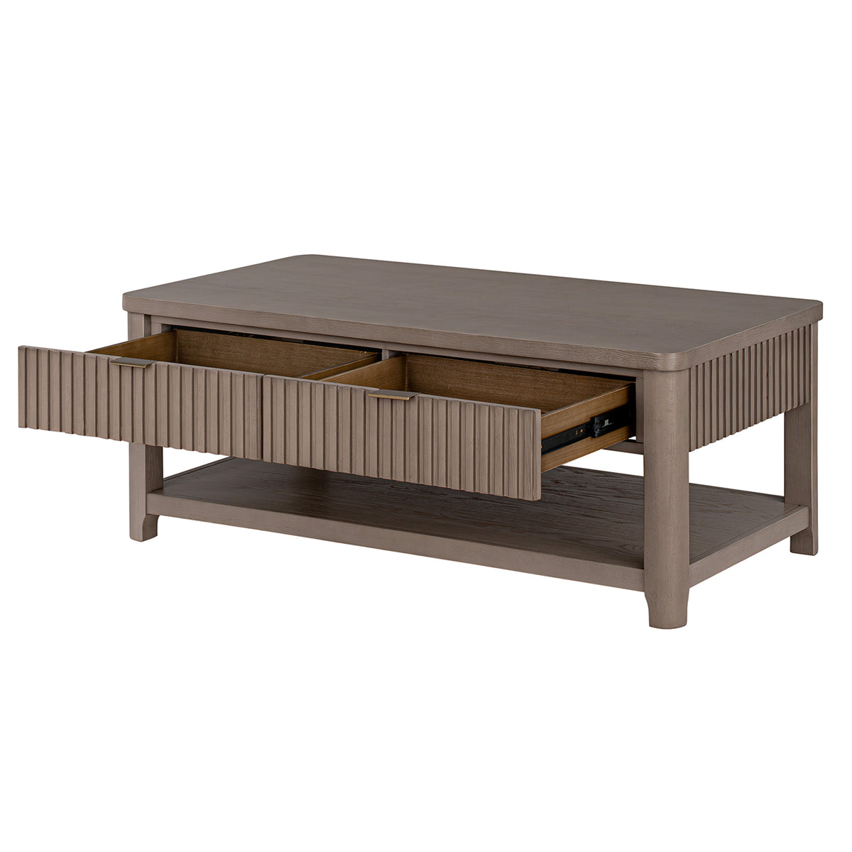 ROME + OAK Hathaway Fluted Wood Coffee Table w/ Drawers and Shelf, Rustic Beige