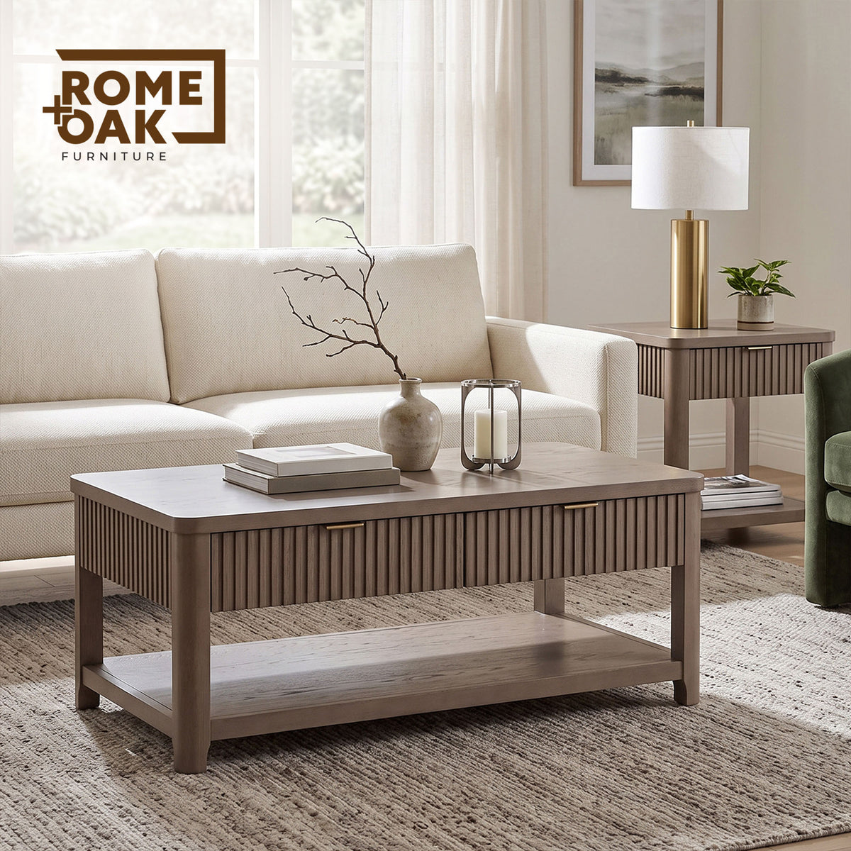 ROME + OAK Hathaway Fluted Wood Coffee Table w/ Drawers and Shelf, Rustic Beige