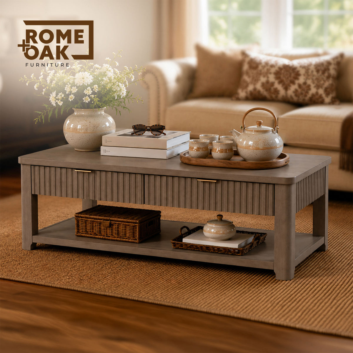 ROME + OAK Hathaway Fluted Wood Coffee Table w/ Drawers and Shelf, Rustic Beige