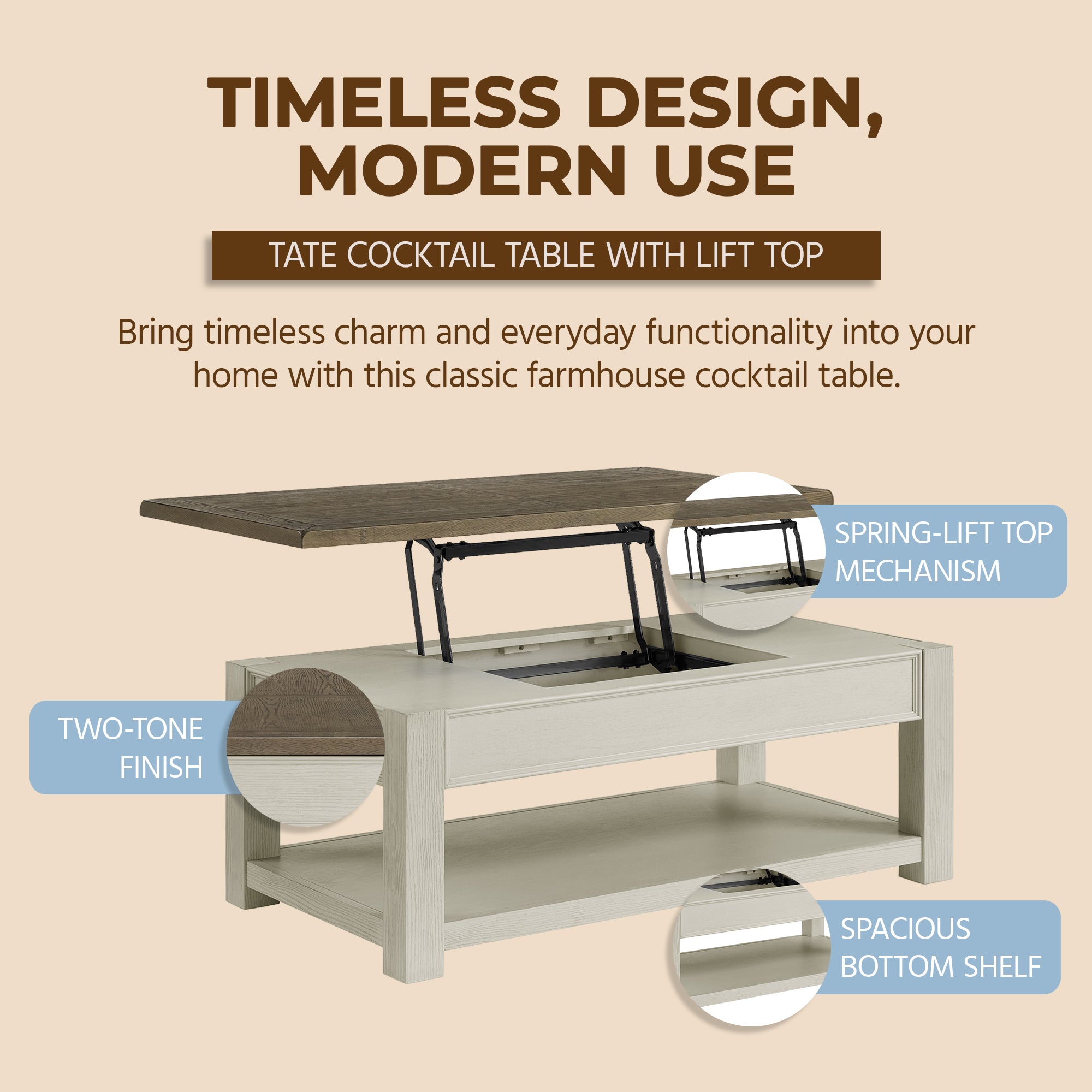 ROME + OAK Tate Farmhouse Cocktail Table with Lift Top, Weathered Brown & Cream - VMInnovations