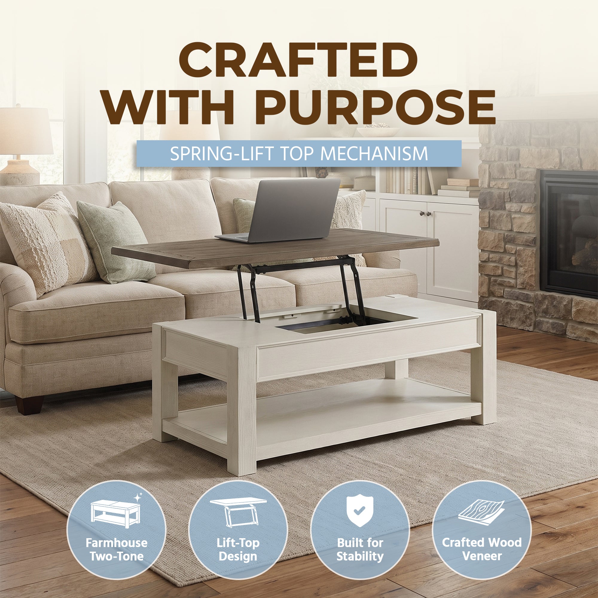 ROME + OAK Tate Farmhouse Cocktail Table with Lift Top, Weathered Brown & Cream - VMInnovations