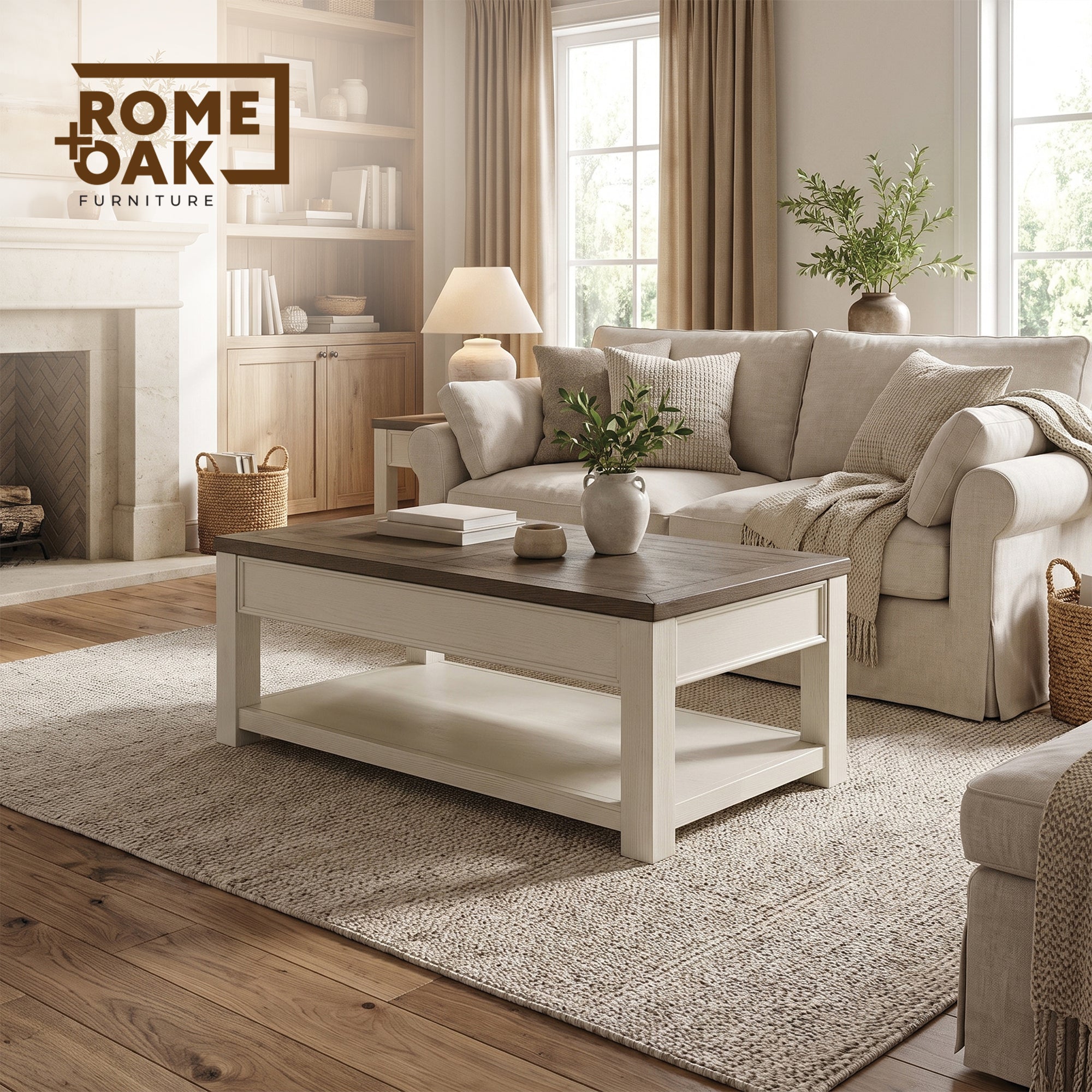 ROME + OAK Tate Farmhouse Cocktail Table with Lift Top, Weathered Brown & Cream - VMInnovations