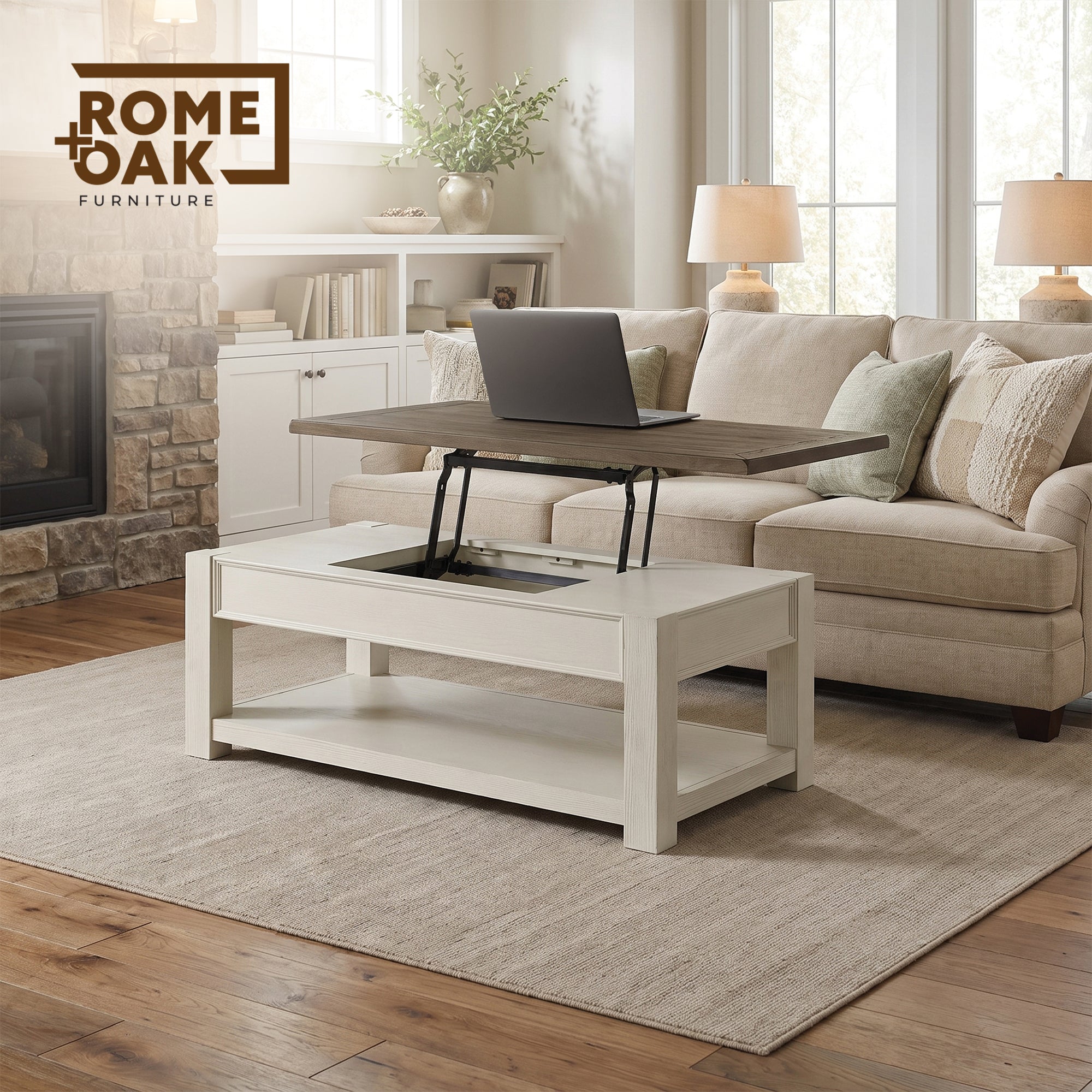 ROME + OAK Tate Farmhouse Cocktail Table with Lift Top, Weathered Brown & Cream - VMInnovations