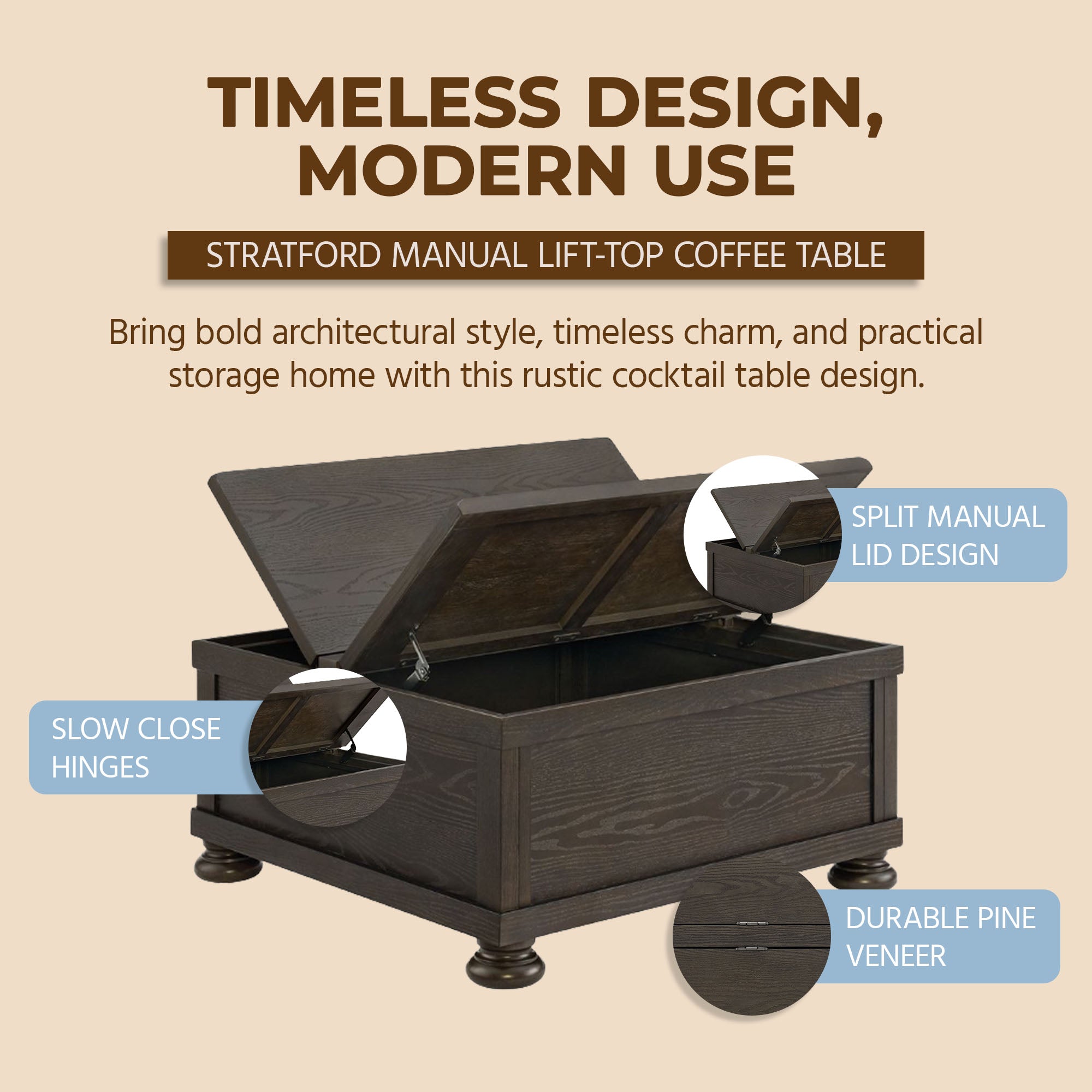 ROME + OAK Stratford Storage Cocktail Table with Manual Lift Top, Walnut Oak - VMInnovations