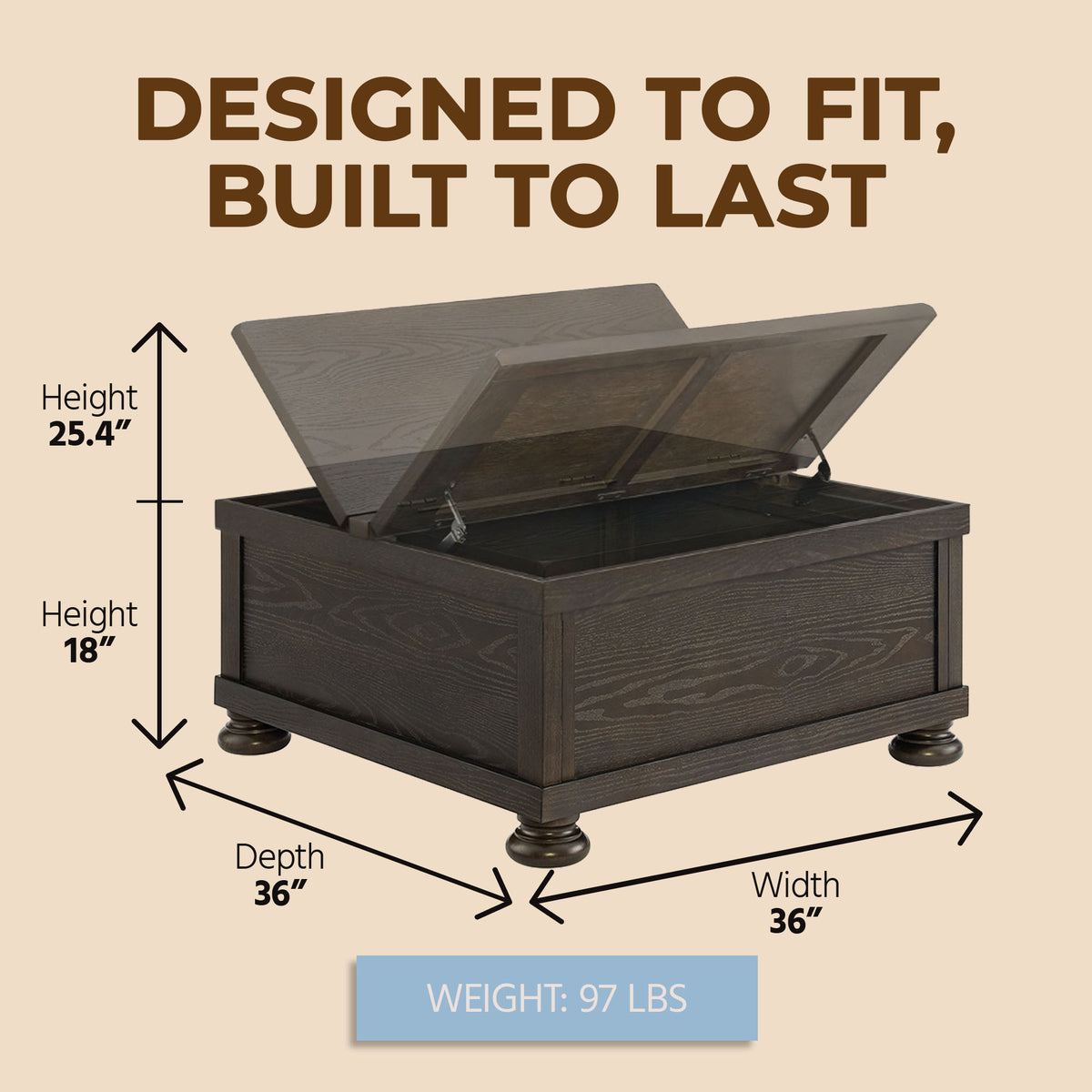 ROME + OAK Stratford Storage Cocktail Table with Manual Lift Top, Walnut Oak - VMInnovations
