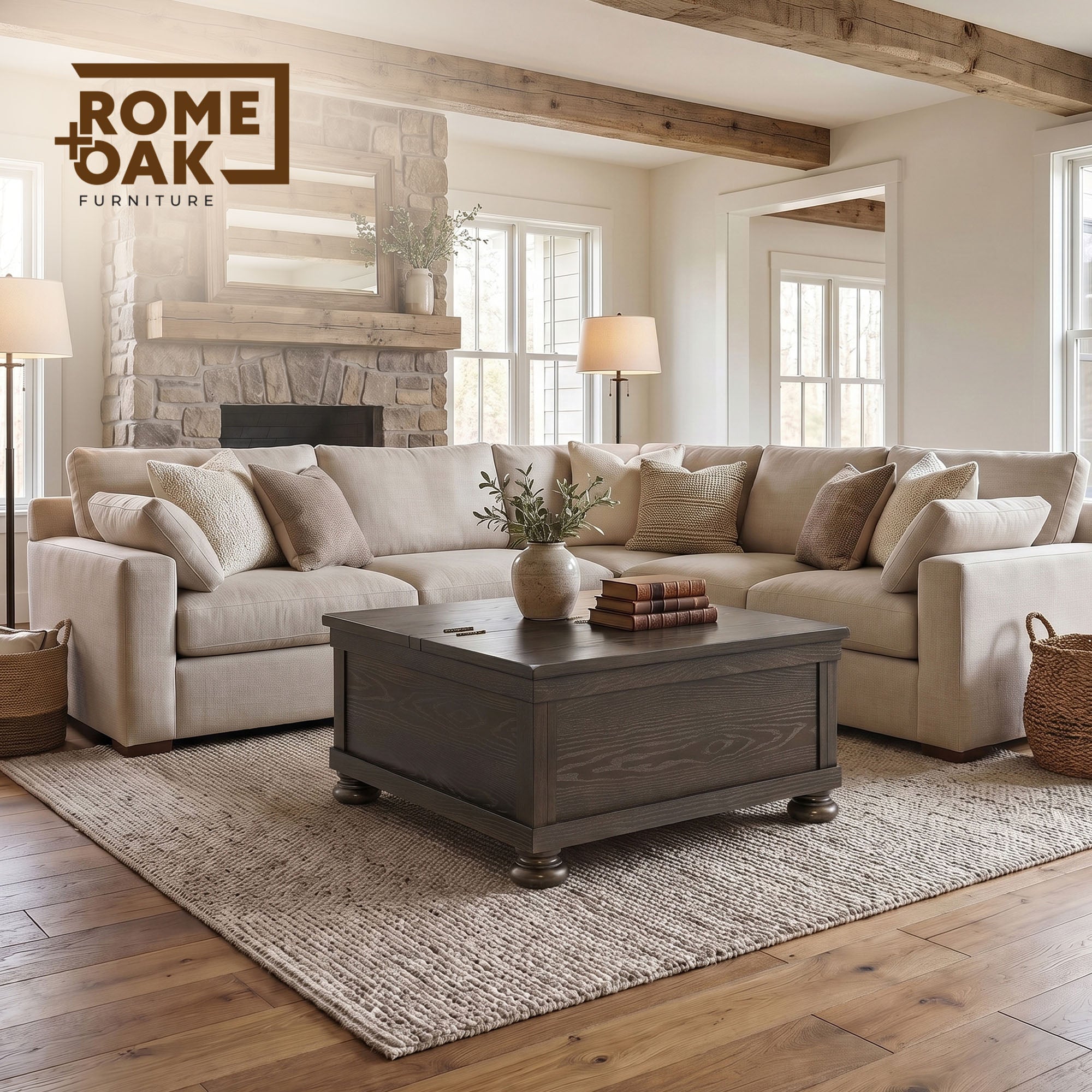 ROME + OAK Stratford Storage Cocktail Table with Manual Lift Top, Walnut Oak - VMInnovations