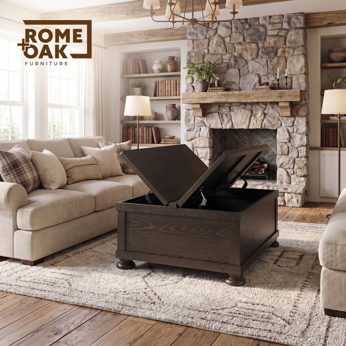 ROME + OAK Stratford Storage Cocktail Table with Manual Lift Top, Walnut Oak - VMInnovations