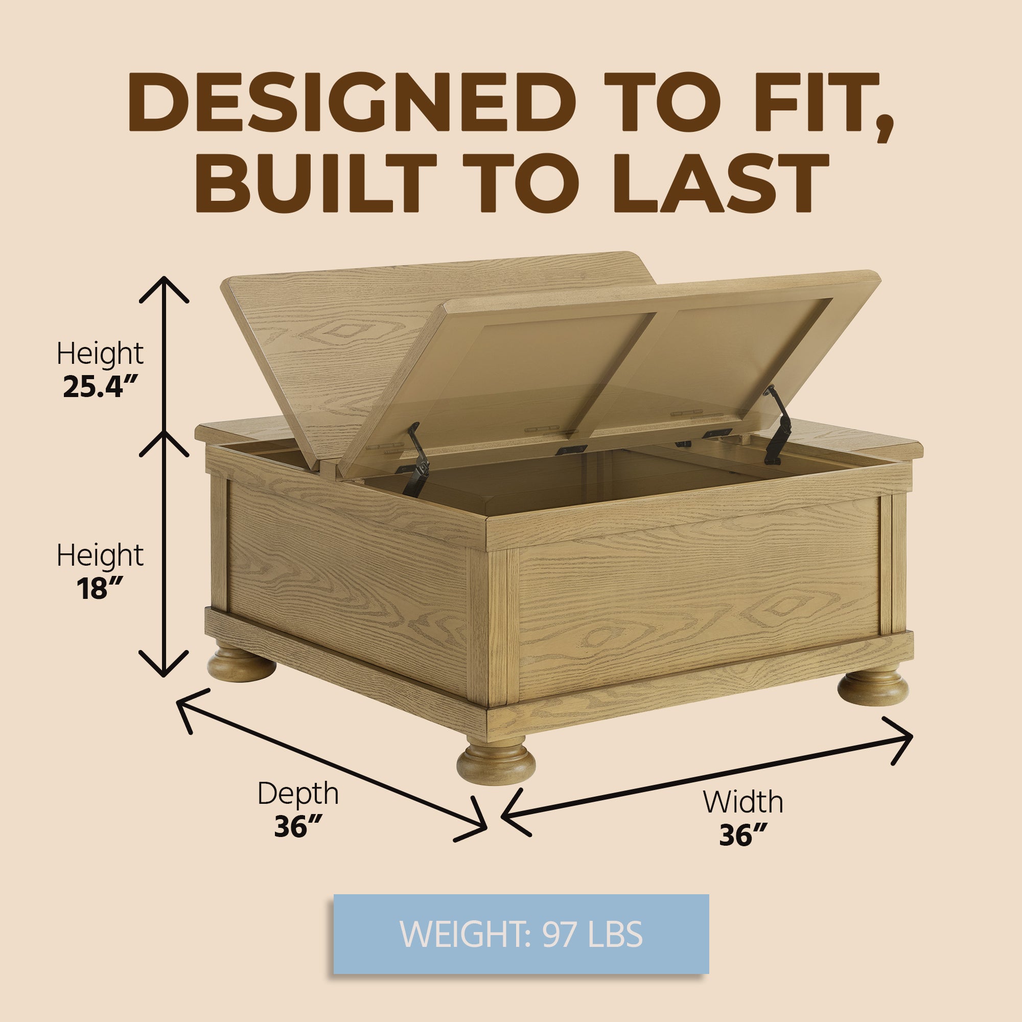 ROME + OAK Stratford Storage Cocktail Table with Manual Lift Top, Natural Oak