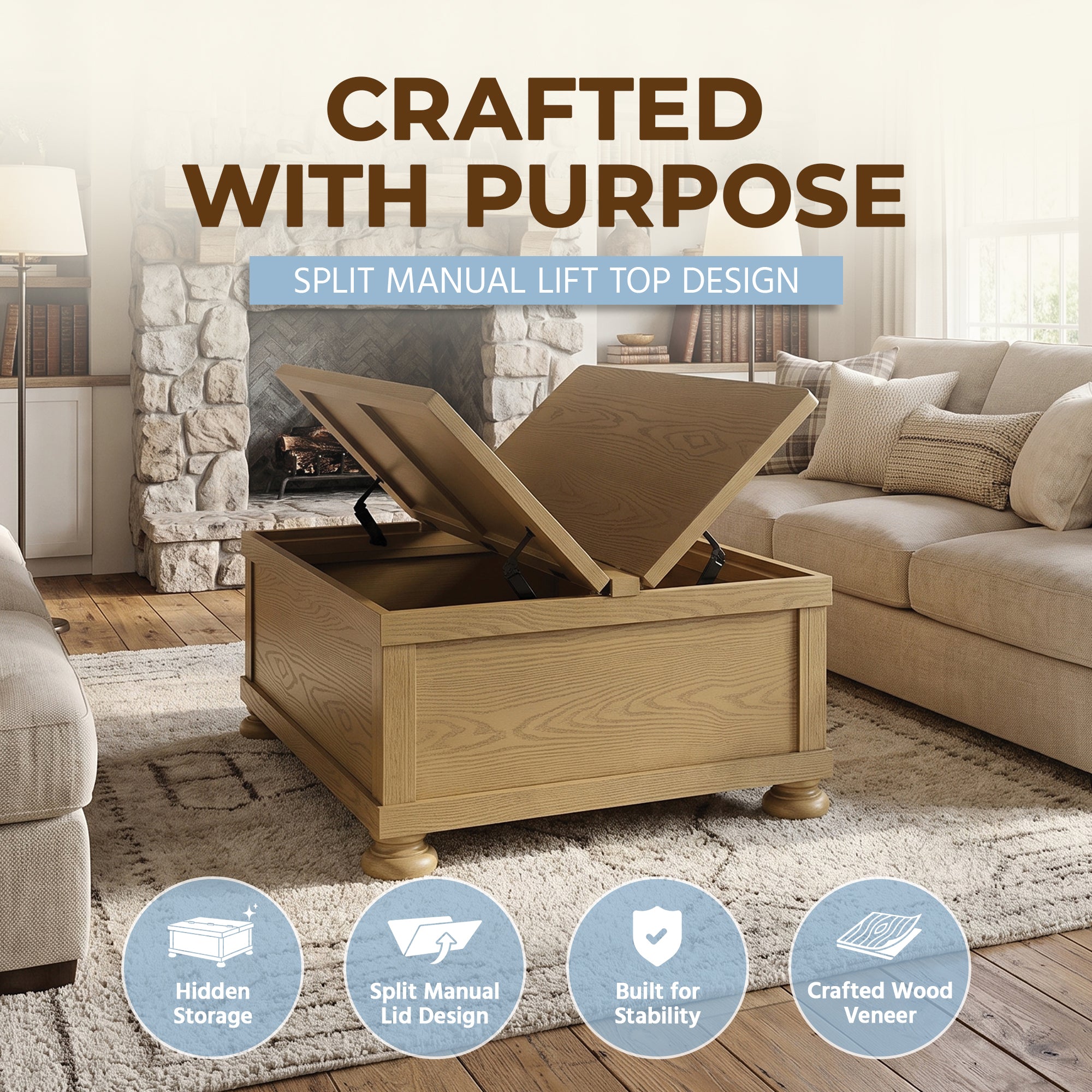 ROME + OAK Stratford Storage Cocktail Table with Manual Lift Top, Natural Oak