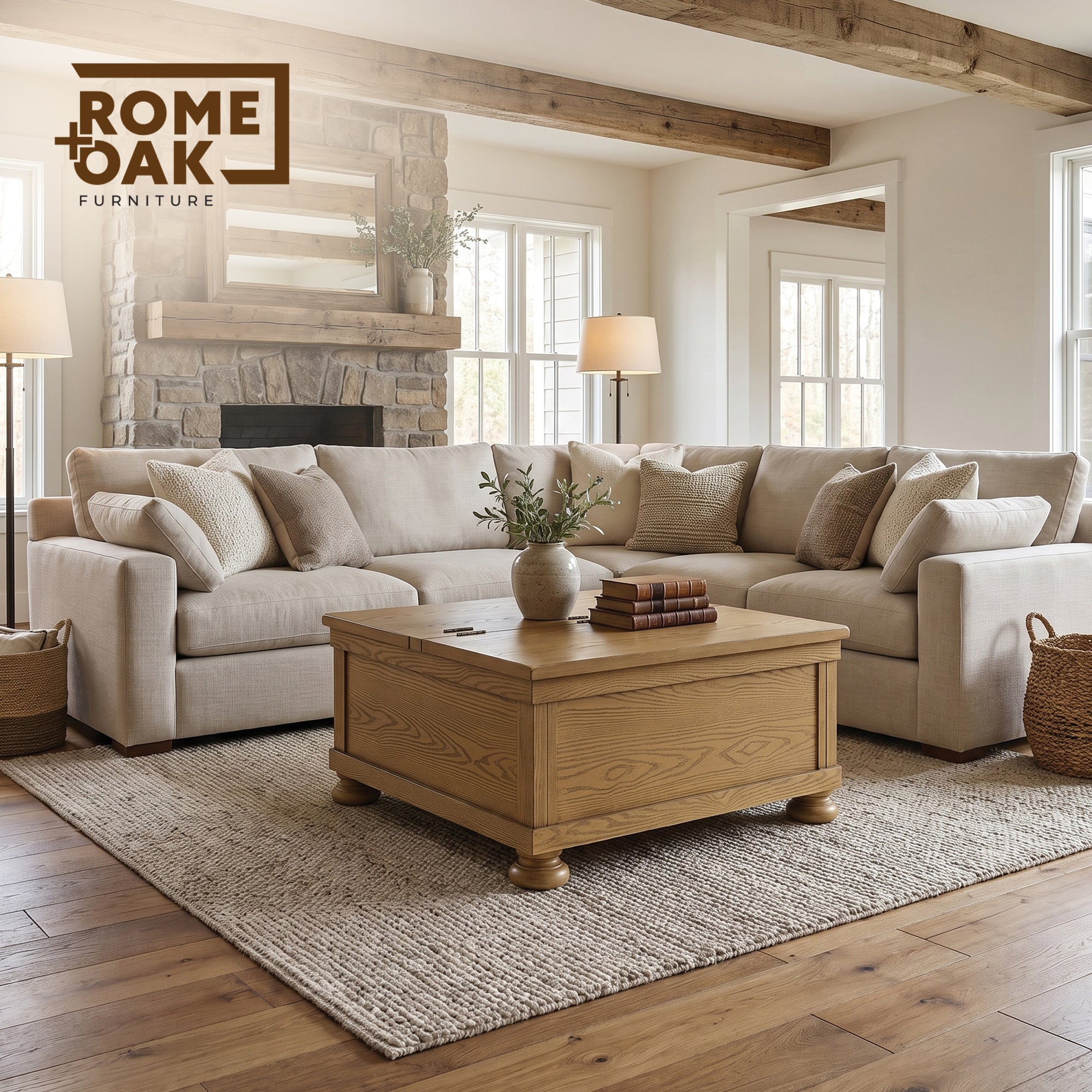 ROME + OAK Stratford Storage Cocktail Table with Manual Lift Top, Natural Oak