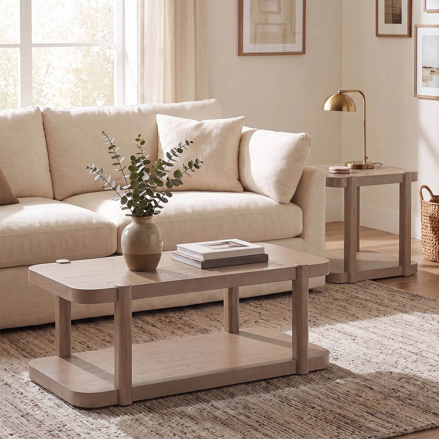 ROME + OAK Coriles Cocktail Table Wood Rectangle Furniture w/ Shelf, Light Beige