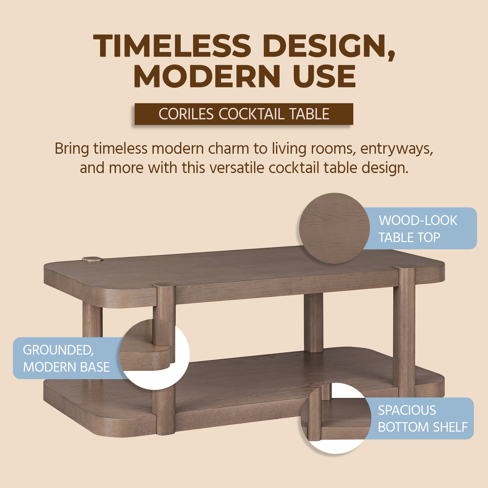 ROME + OAK Coriles Cocktail Table Wood Rectangle Furniture w/ Shelf, Light Beige