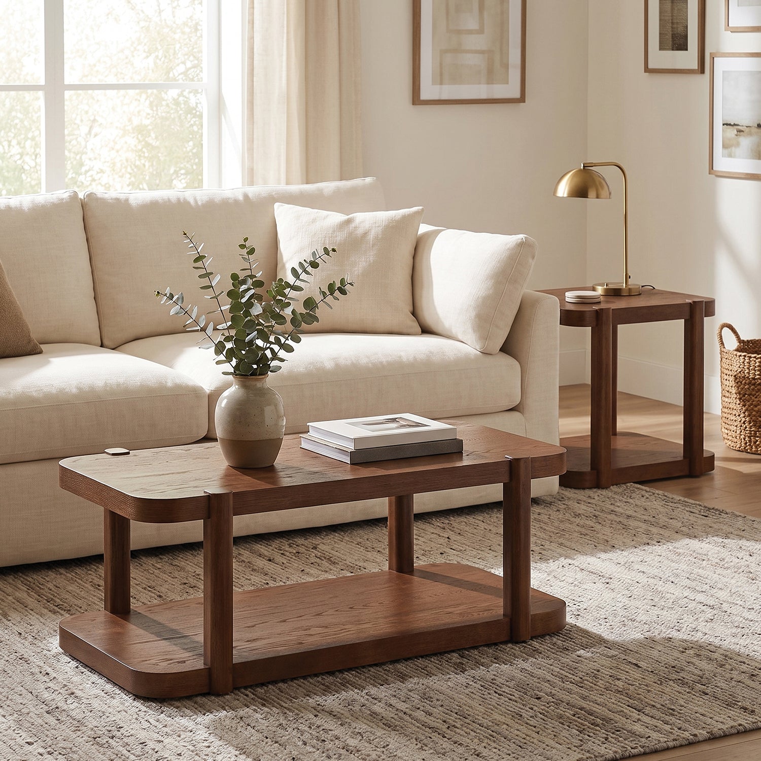 ROME + OAK Coriles Cocktail Table, Wood Rectangle Furniture w/ Shelf, Walnut
